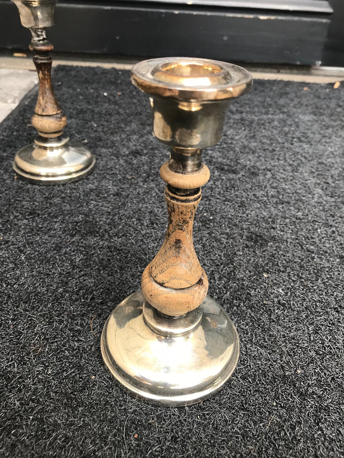 Pair of 19th-20th Century Sterling Silver and Wood Candlesticks, Hallmarked 5