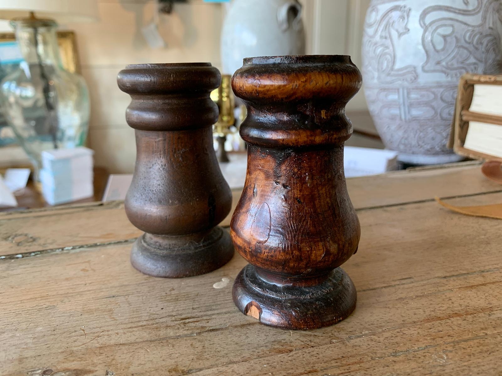 19th Century Pair of 19th-20th Century Turned Wooden Candleholders For Sale