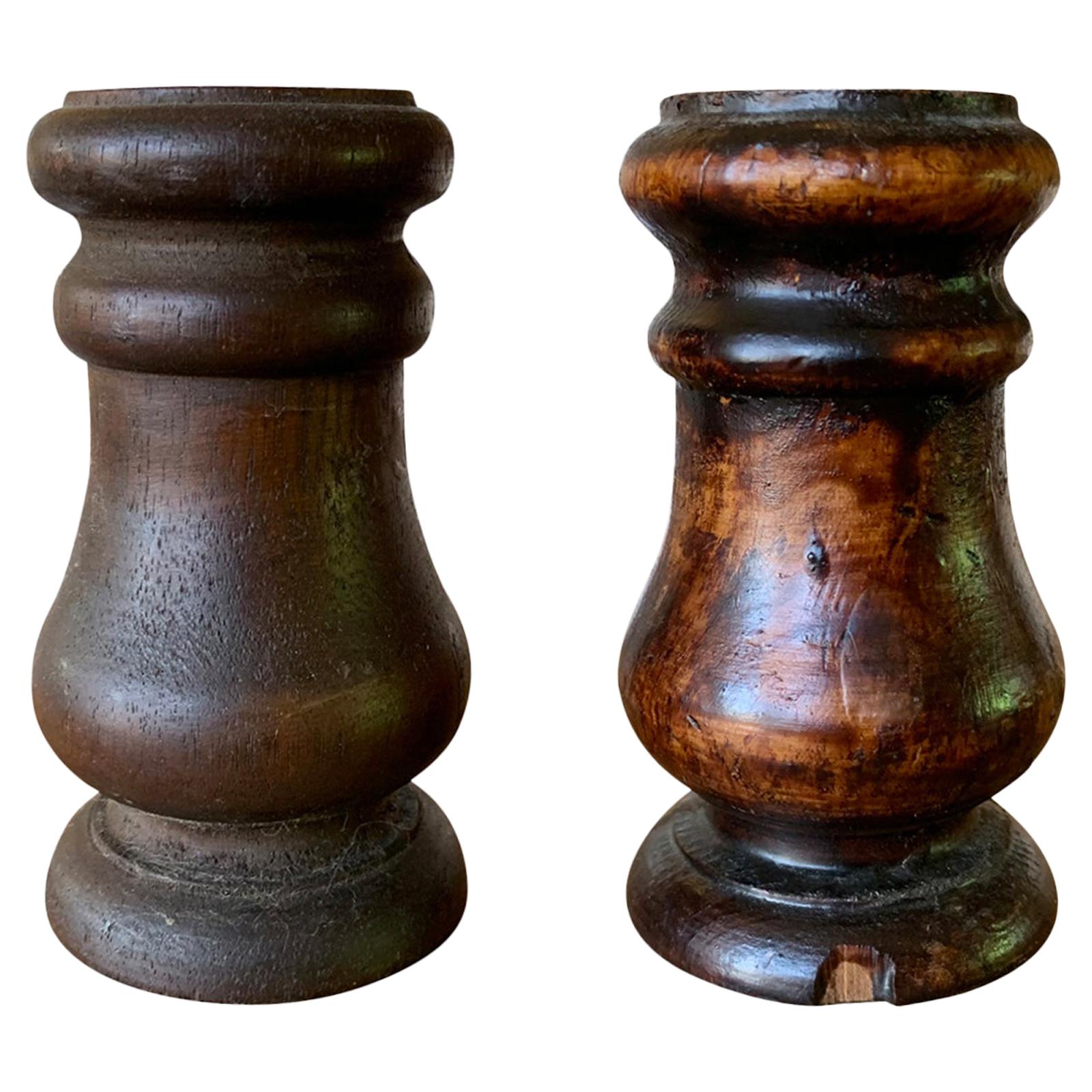 Pair of 19th-20th Century Turned Wooden Candleholders For Sale