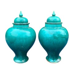 Pair of 19th-20th Century Turquoise Porcelain Lidded Jars, Unmarked