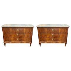 Pair of 19th Biedermeier Flame Mahogany Commodes with Marble Tops