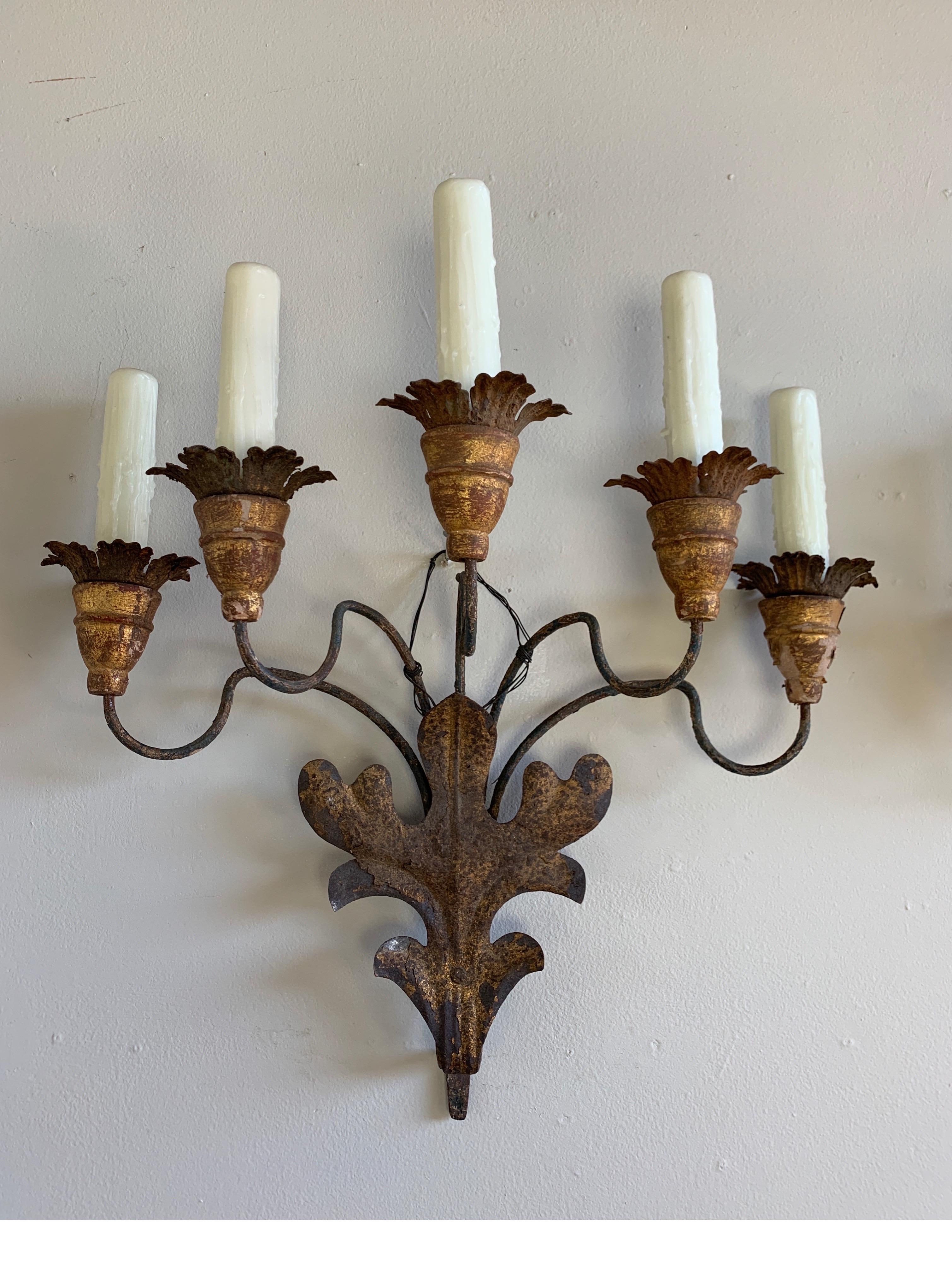 Baroque Pair of 19th Century French 5-Light Iron & Giltwood Sconces