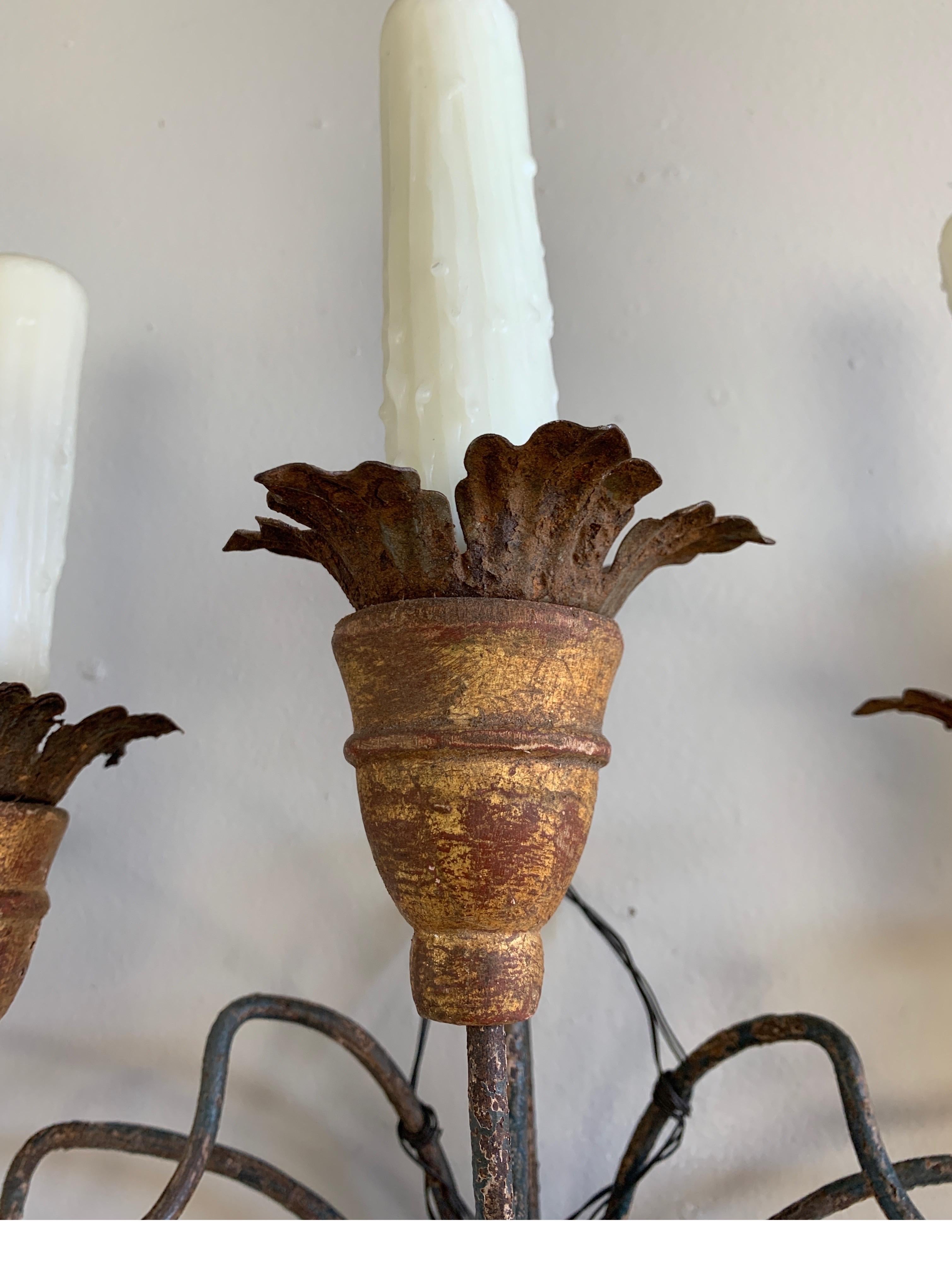 Pair of 19th Century French 5-Light Iron & Giltwood Sconces In Distressed Condition In Los Angeles, CA