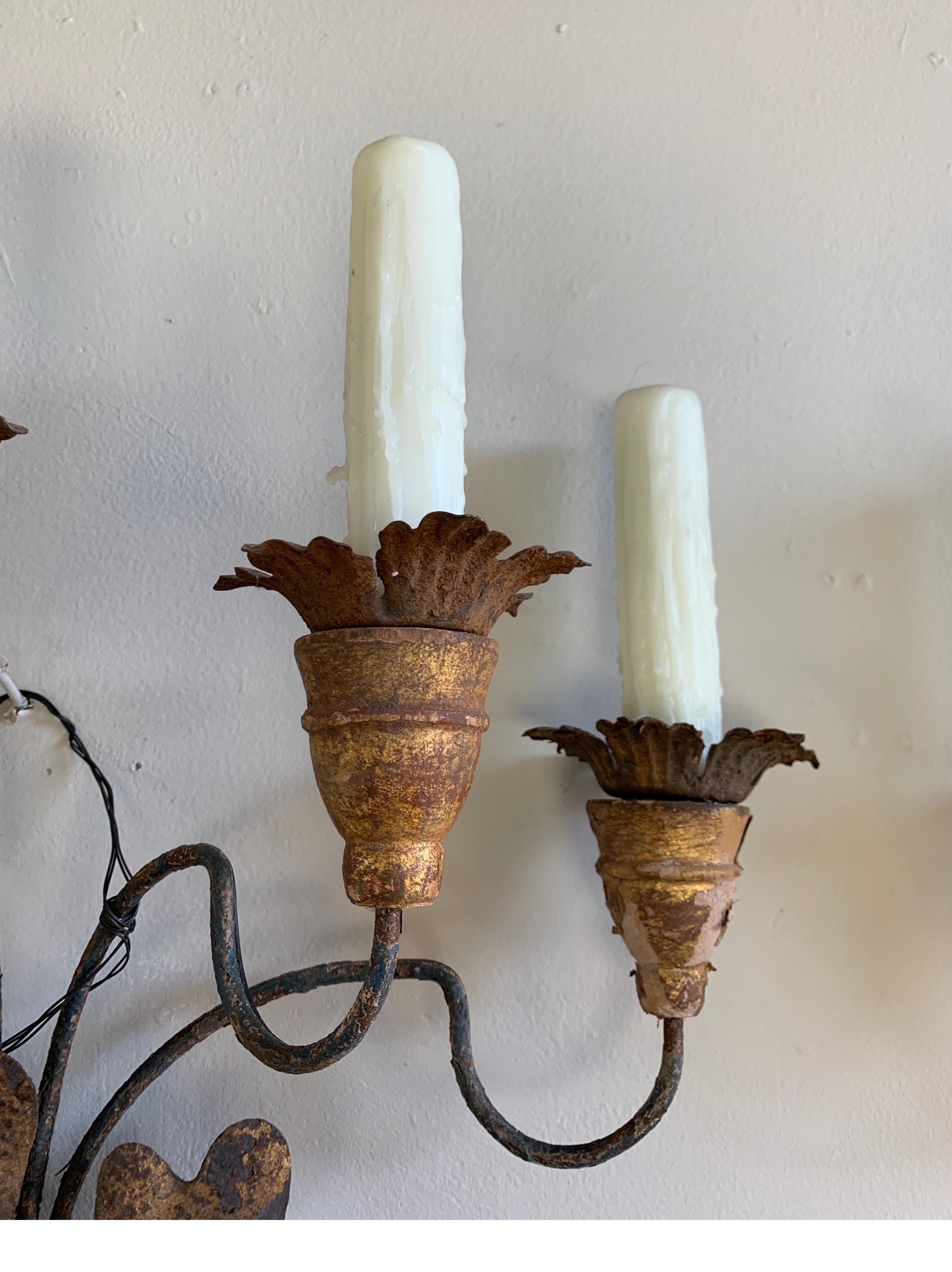Pair of 19th Century French 5-Light Iron & Giltwood Sconces 2