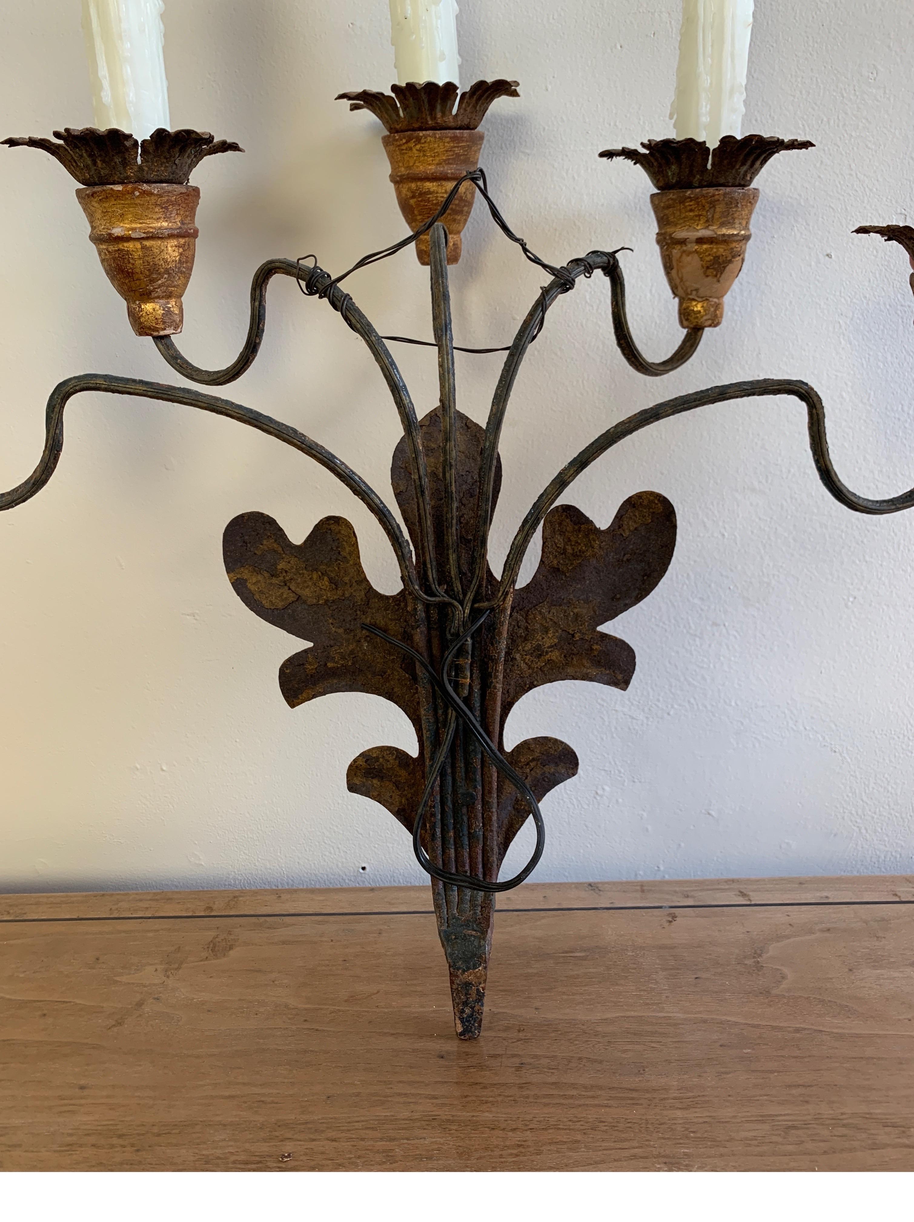 Pair of 19th Century French 5-Light Iron & Giltwood Sconces 3
