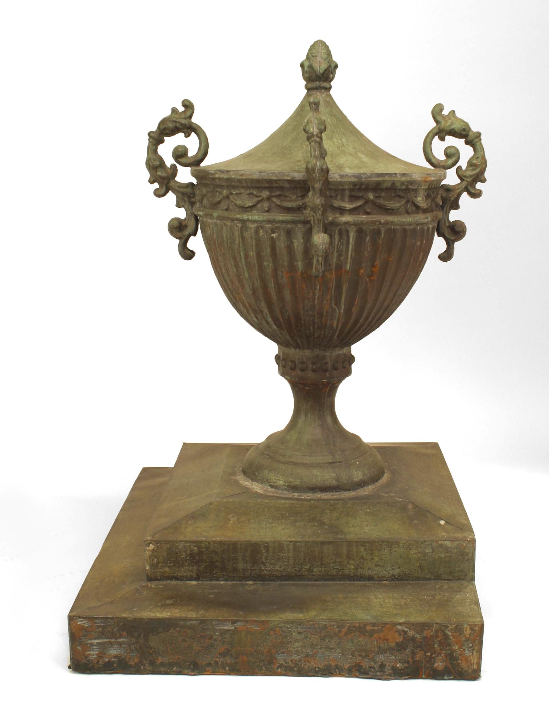 Neoclassical Pair of English Adam Copper Outdoor Urns For Sale