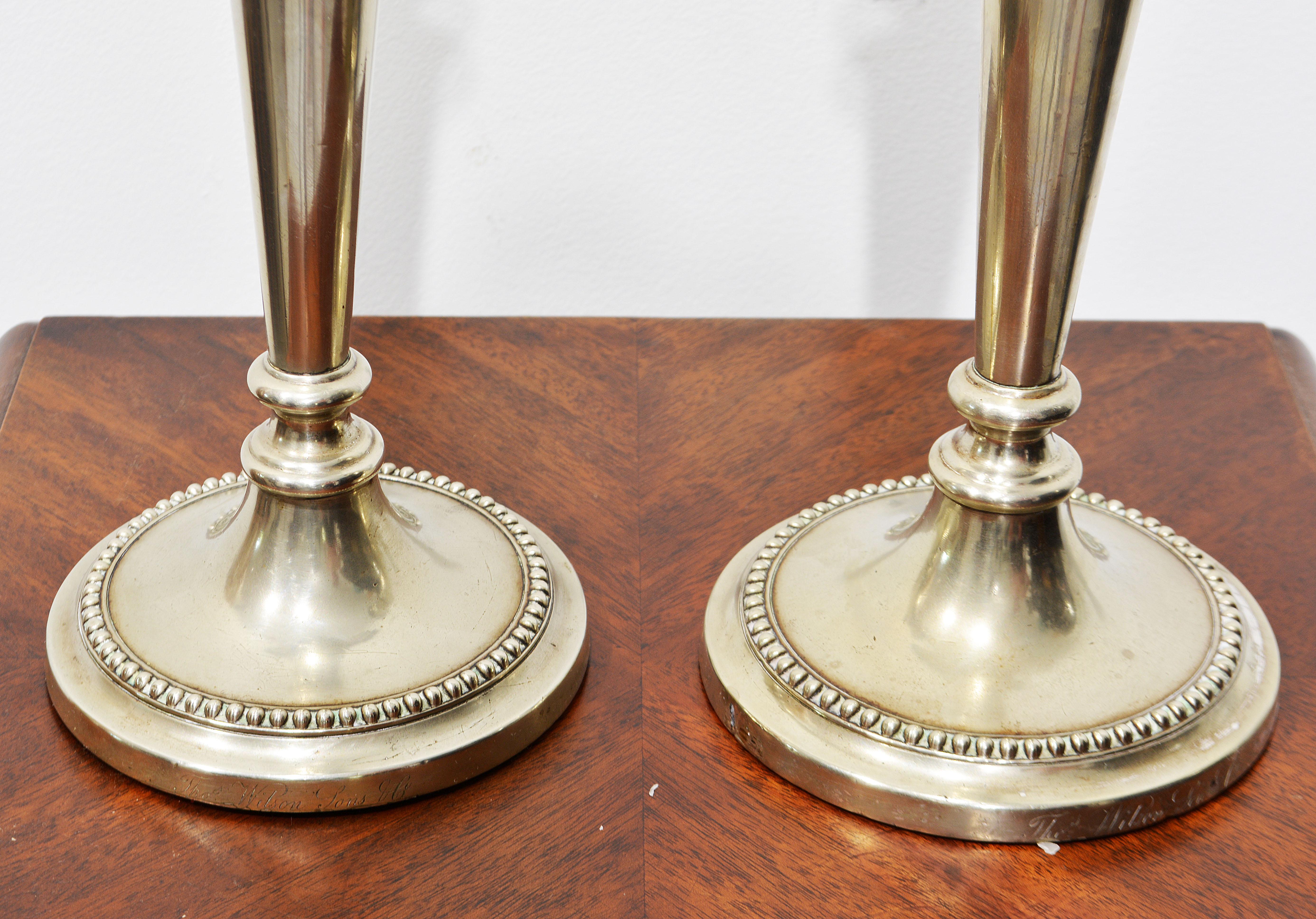 19th Century Pair of 19th C Adam Style Sheffield Candle Holders Inscribed Thos Wilson Sons Co For Sale