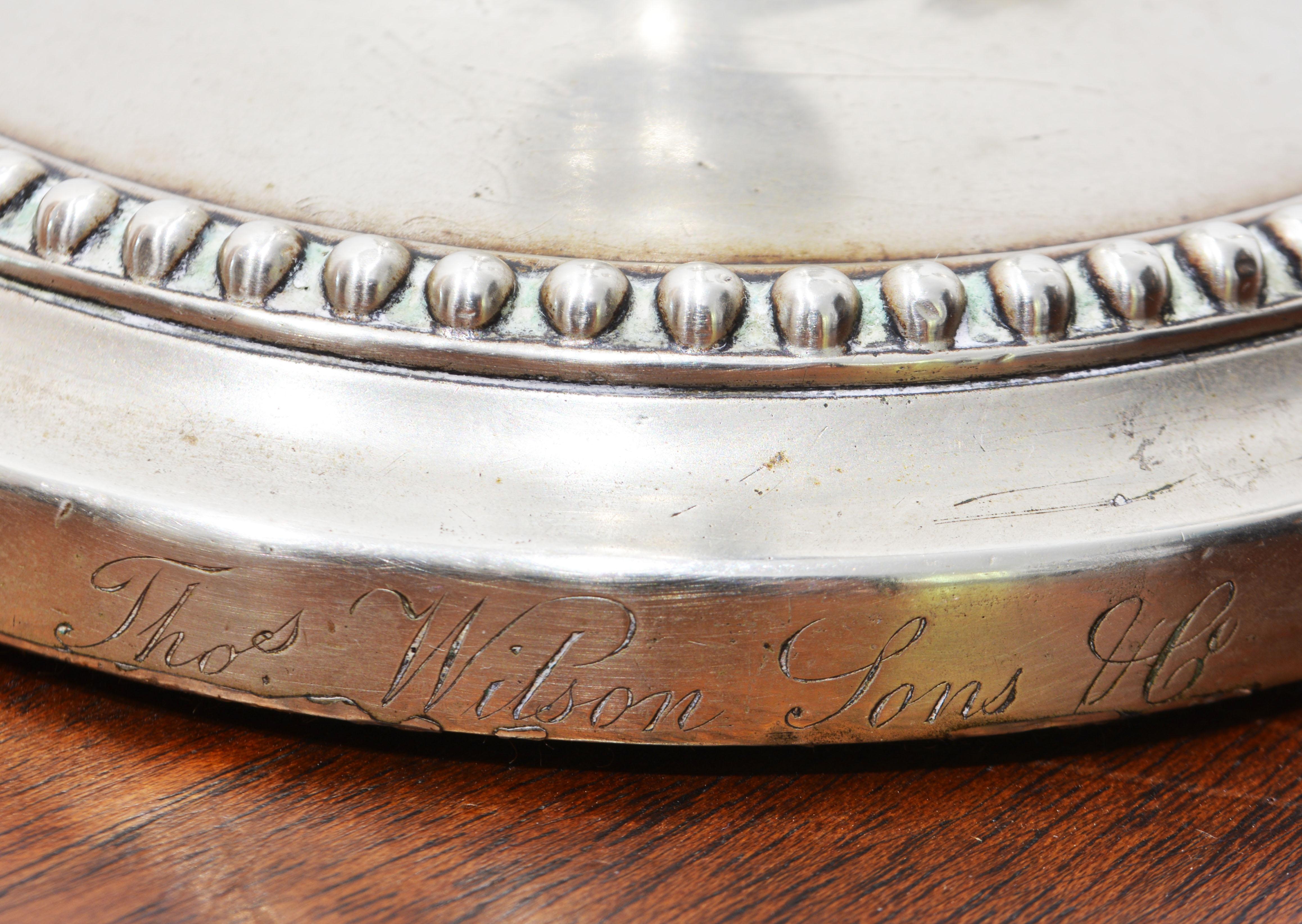 Silver Plate Pair of 19th C Adam Style Sheffield Candle Holders Inscribed Thos Wilson Sons Co For Sale