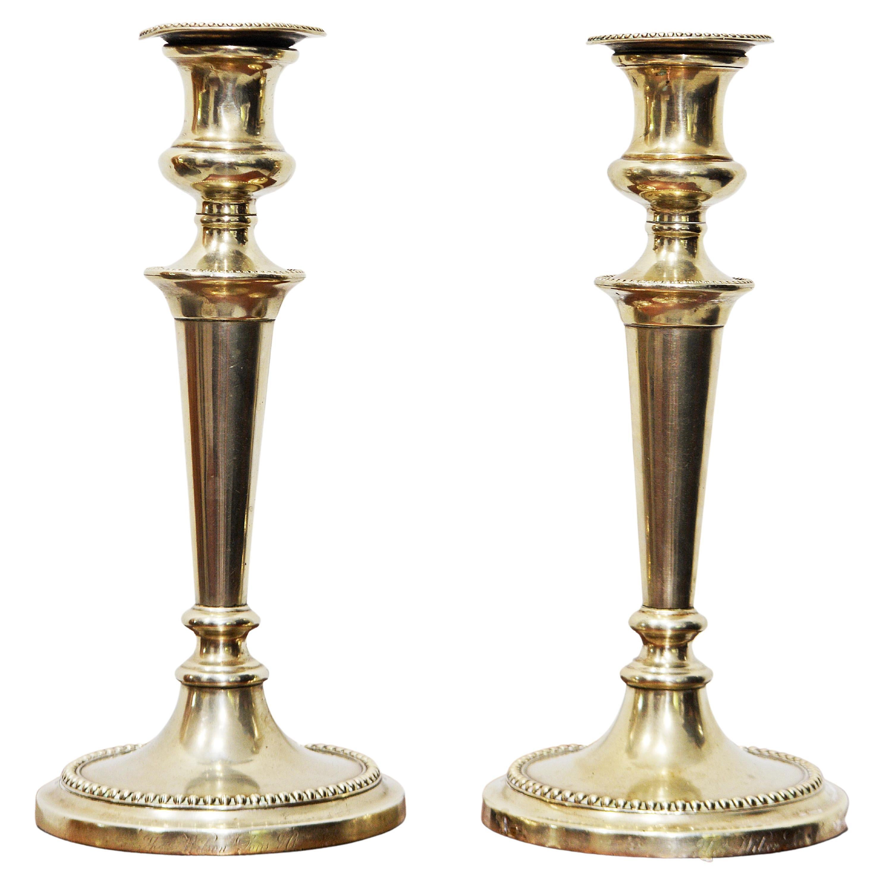 Pair of 19th C Adam Style Sheffield Candle Holders Inscribed Thos Wilson Sons Co For Sale