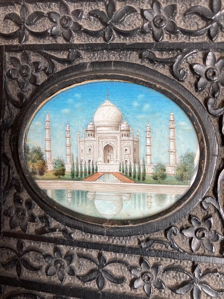Hand-Carved Pair of Anglo-Indian Miniature Paintings of the Taj Mahal in Ebony Frames