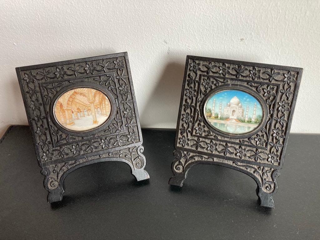 Pair of Anglo-Indian Miniature Paintings of the Taj Mahal in Ebony Frames 3