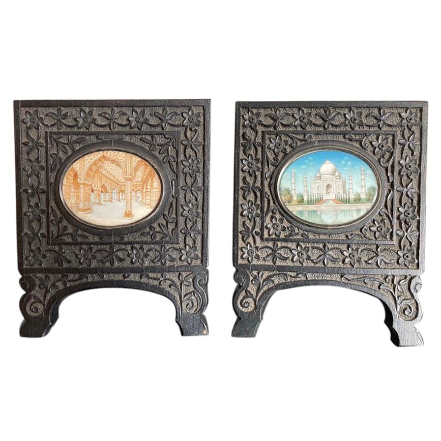 Pair of Anglo-Indian Miniature Paintings of the Taj Mahal in Ebony Frames