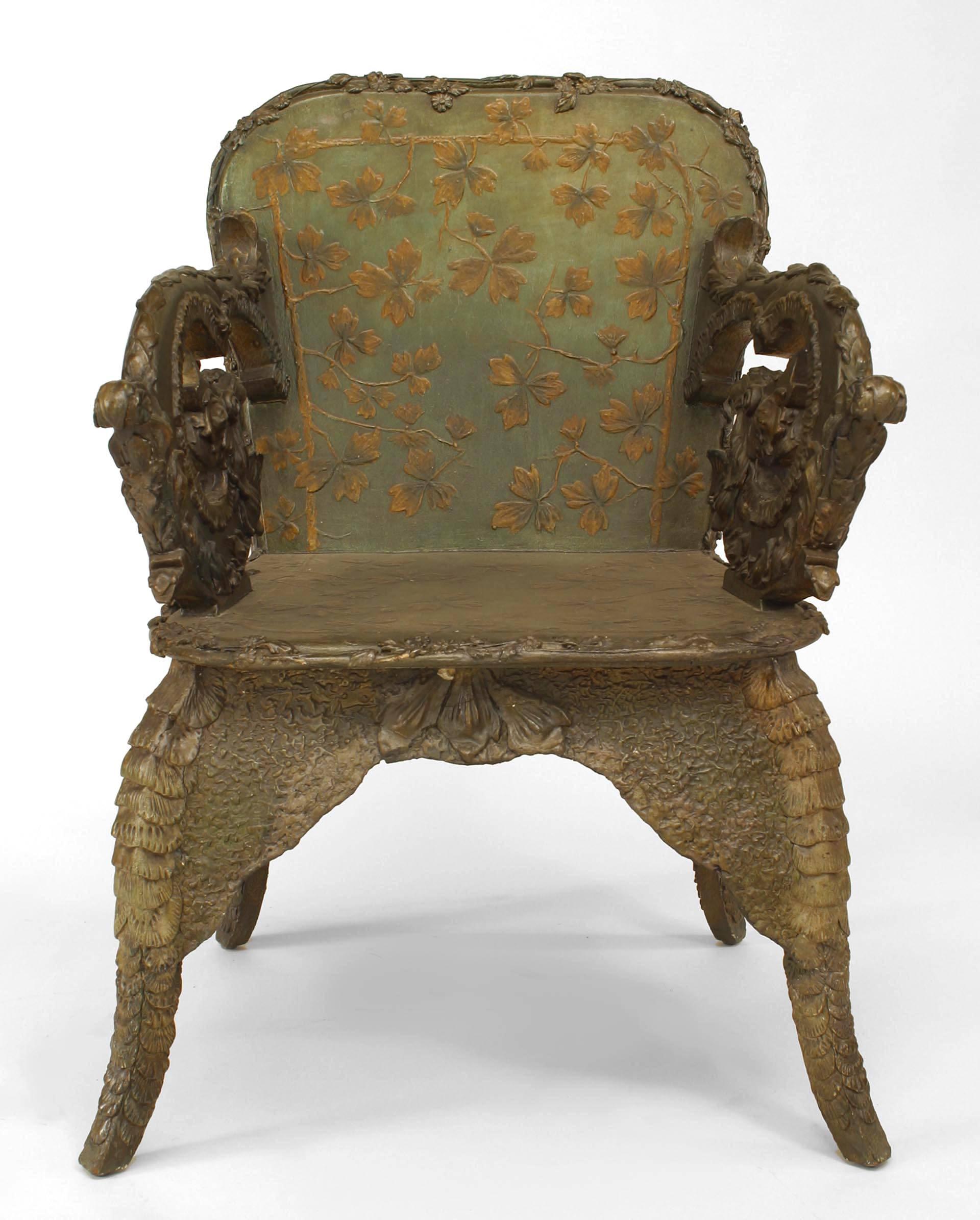2 Similar Continental Austrian style (19th Century) scale design and floral painted green arm chairs.
