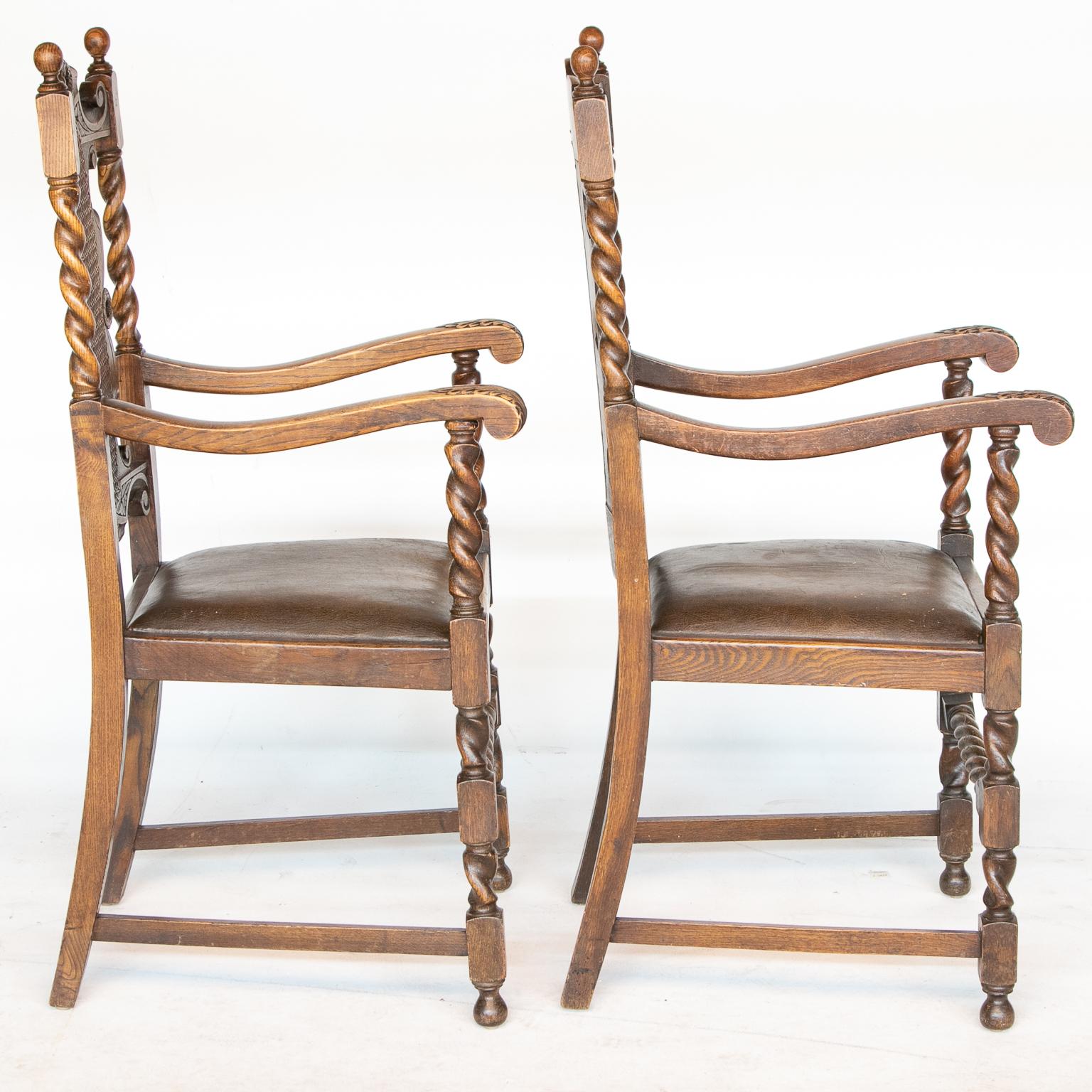 Pair of 19th C. Barley Twist armchairs
Pair of 19th C. Barley Twist armchairs with cane back and leather seats. When looking at this pair of armchairs first notice the quality of the turnings but also notice the choice of wood features. The
