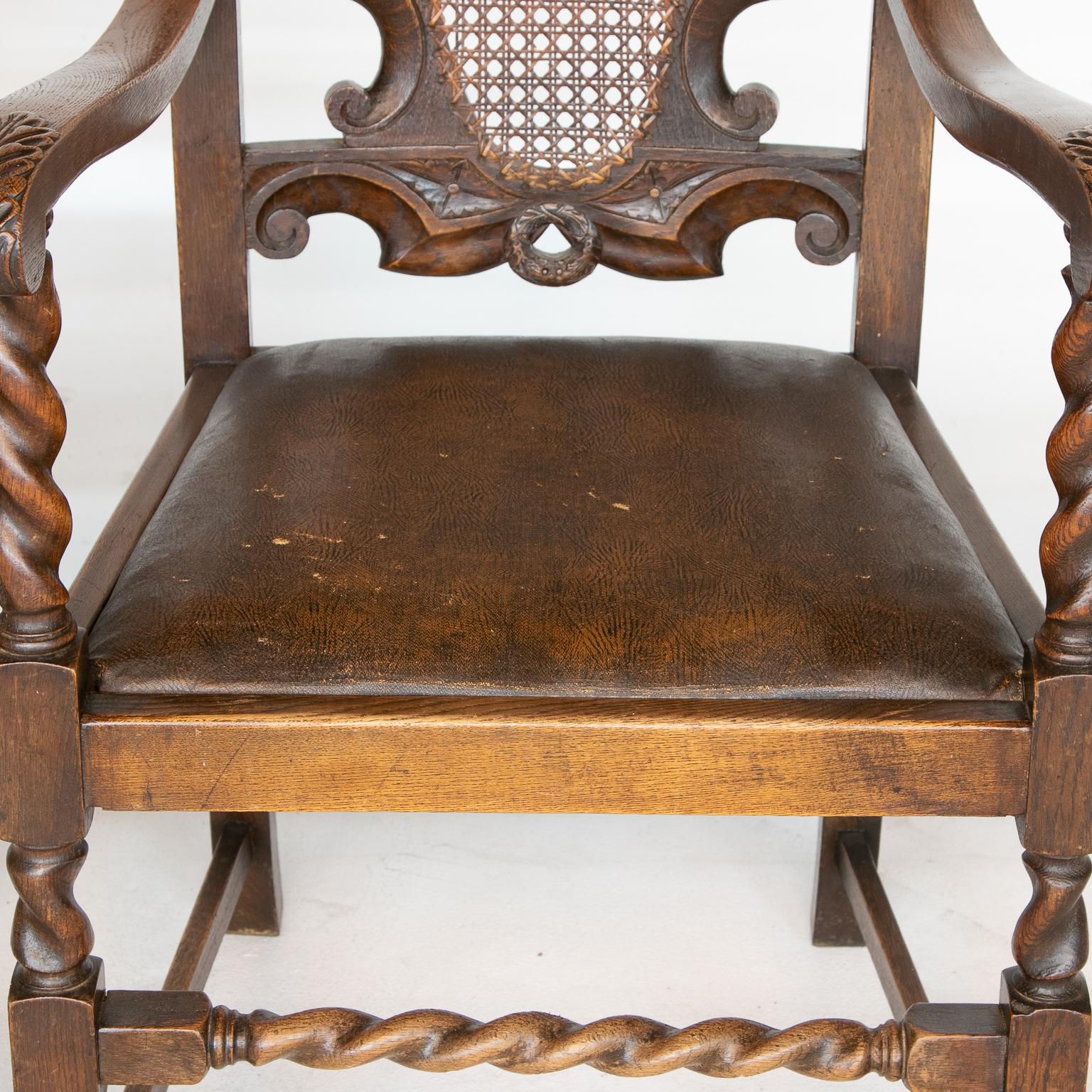 Leather Pair of 19th C. Barley Twist Armchairs