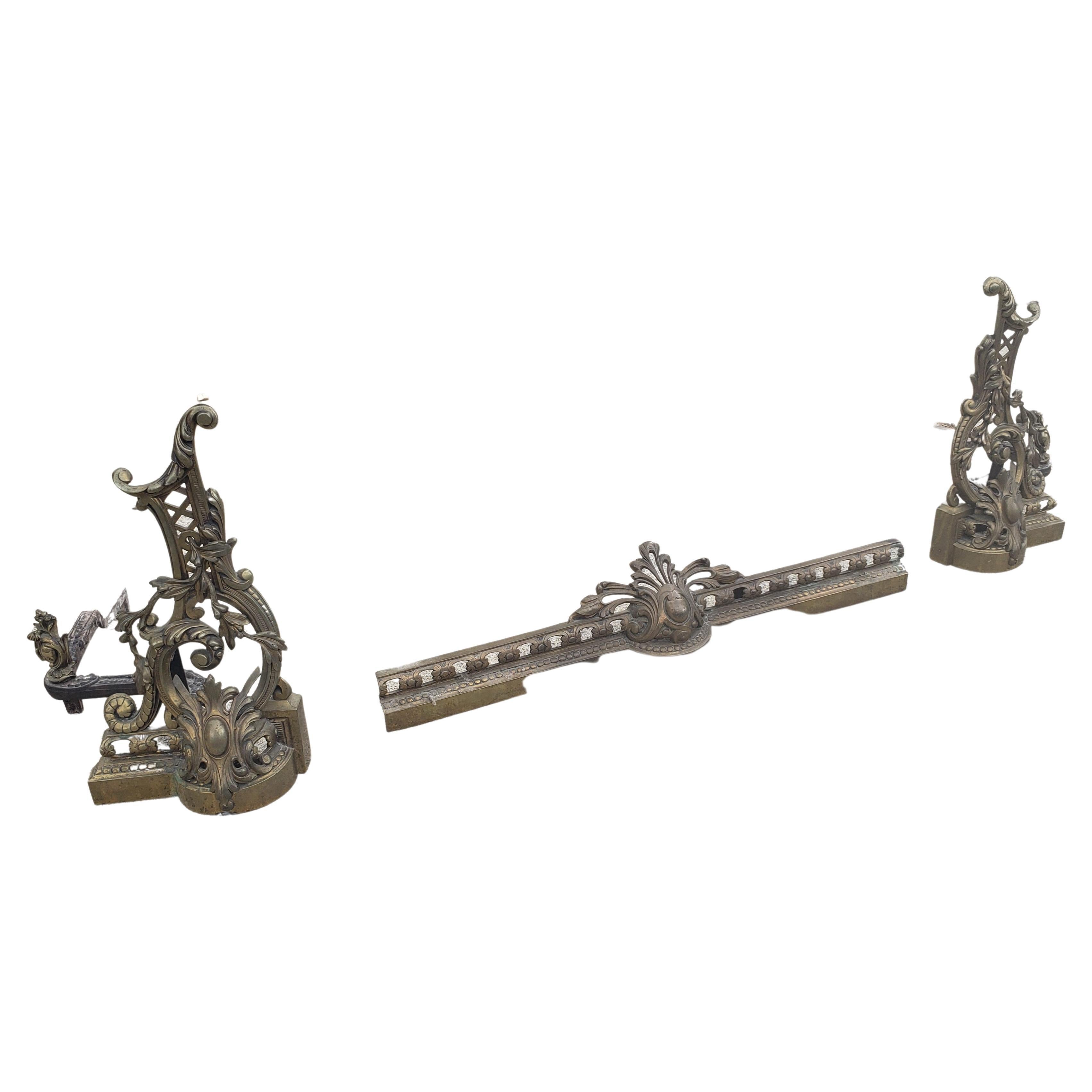 Pair of 19th C. Baroque Style Gilt Bronze Chenets Andirons W. Matching Fender For Sale 6