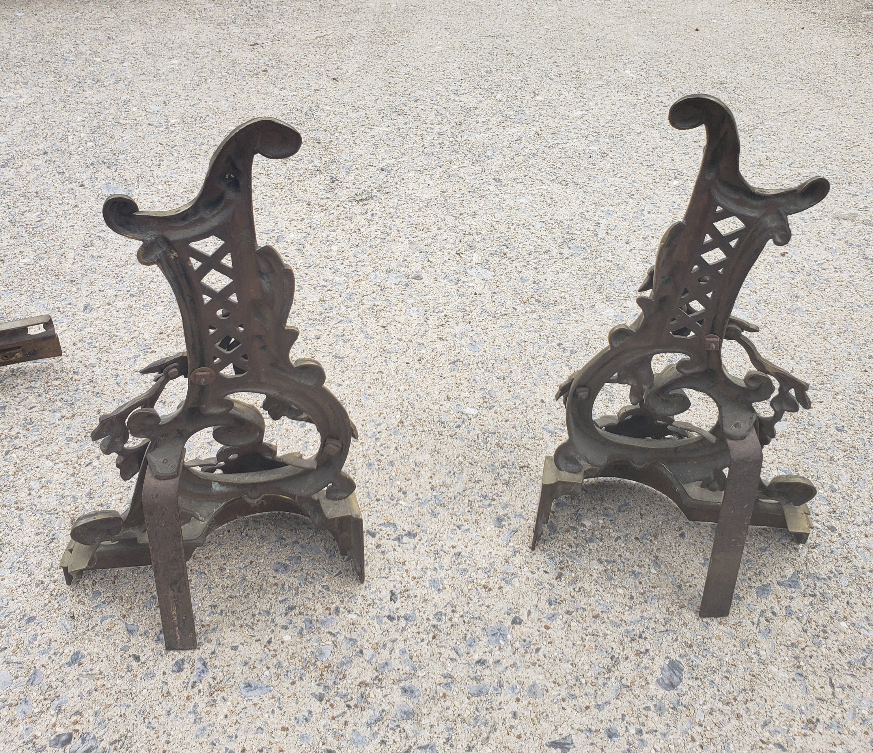 Pair of 19th C. Baroque Style Gilt Bronze Chenets Andirons W. Matching Fender For Sale 7