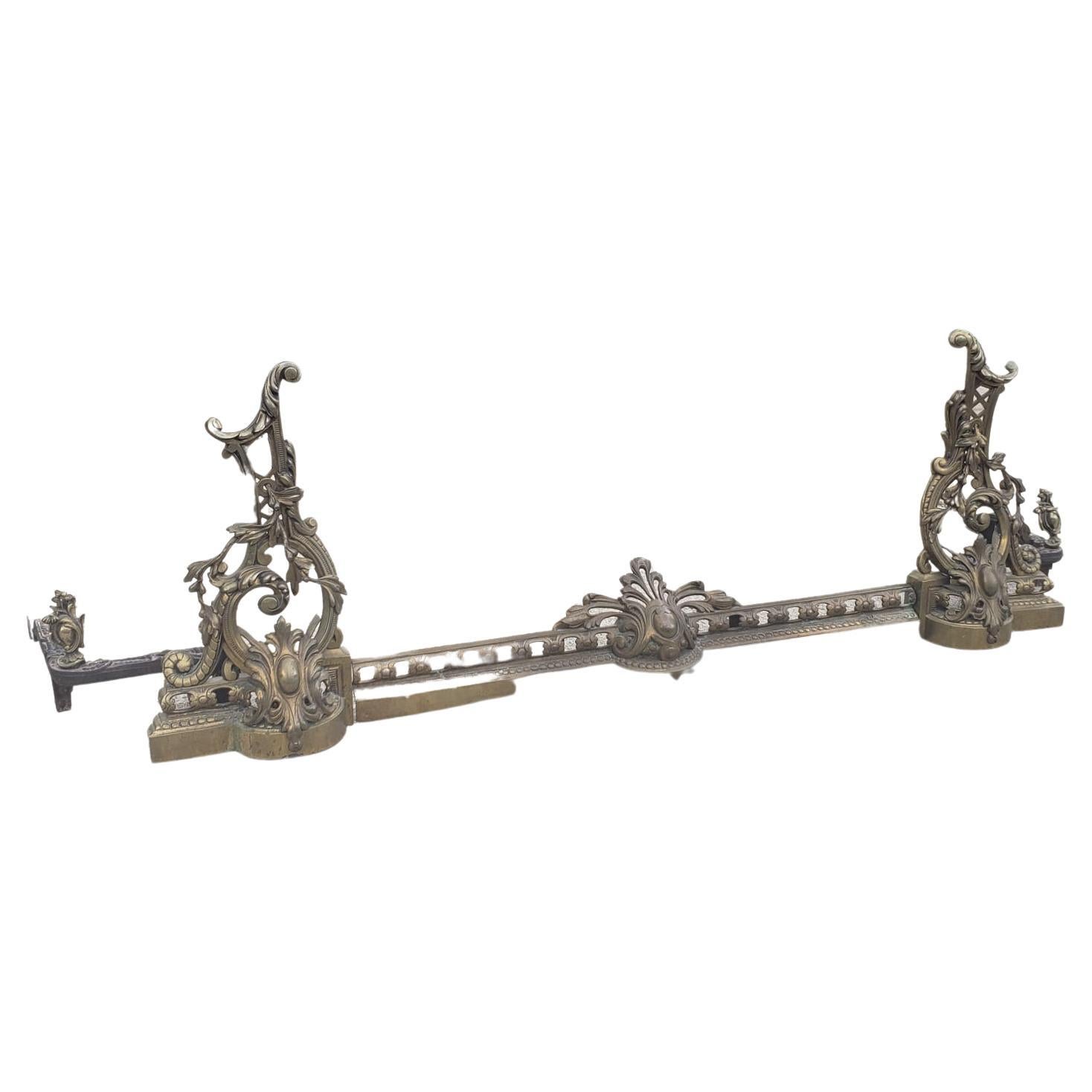 American Pair of 19th C. Baroque Style Gilt Bronze Chenets Andirons W. Matching Fender For Sale