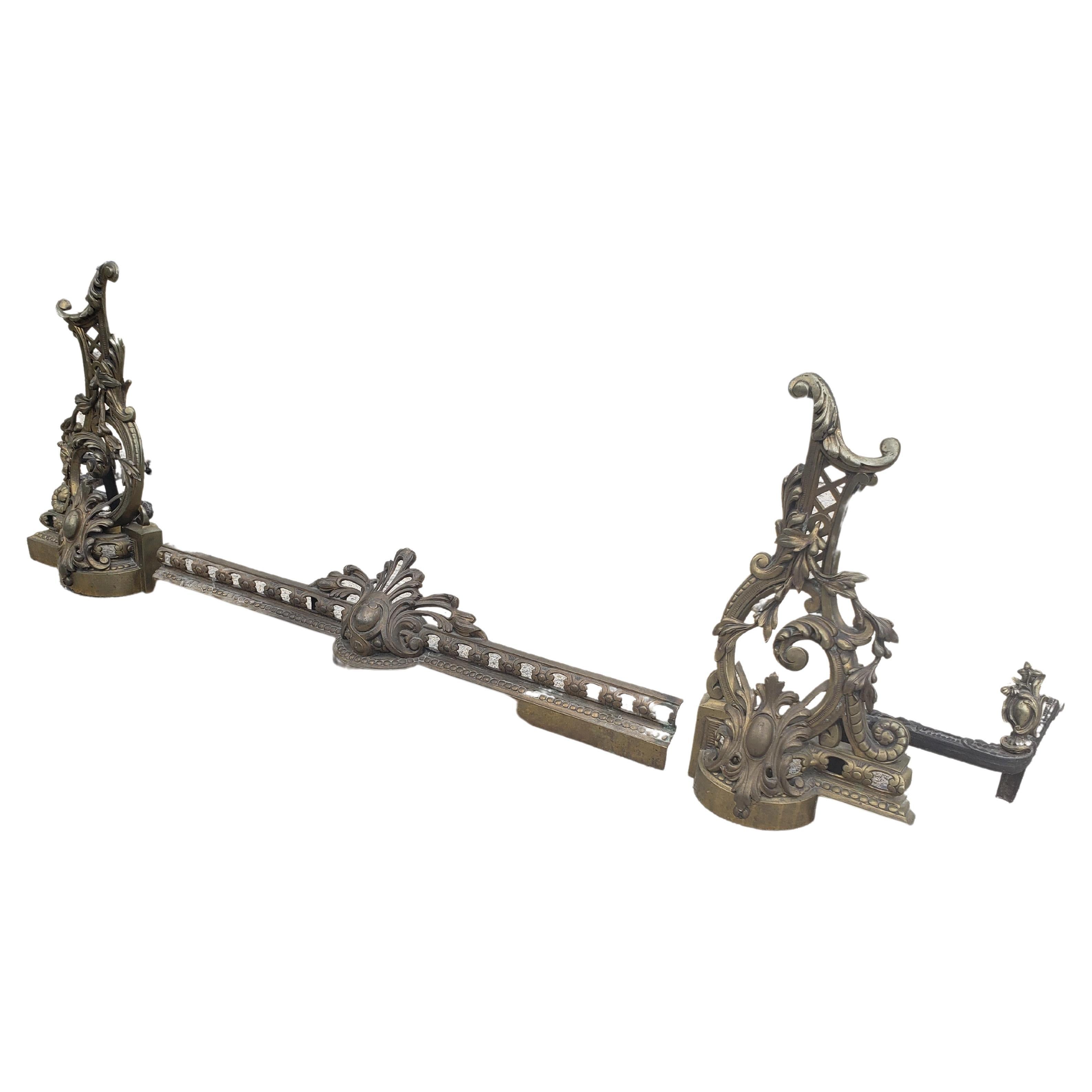 19th Century Pair of 19th C. Baroque Style Gilt Bronze Chenets Andirons W. Matching Fender For Sale