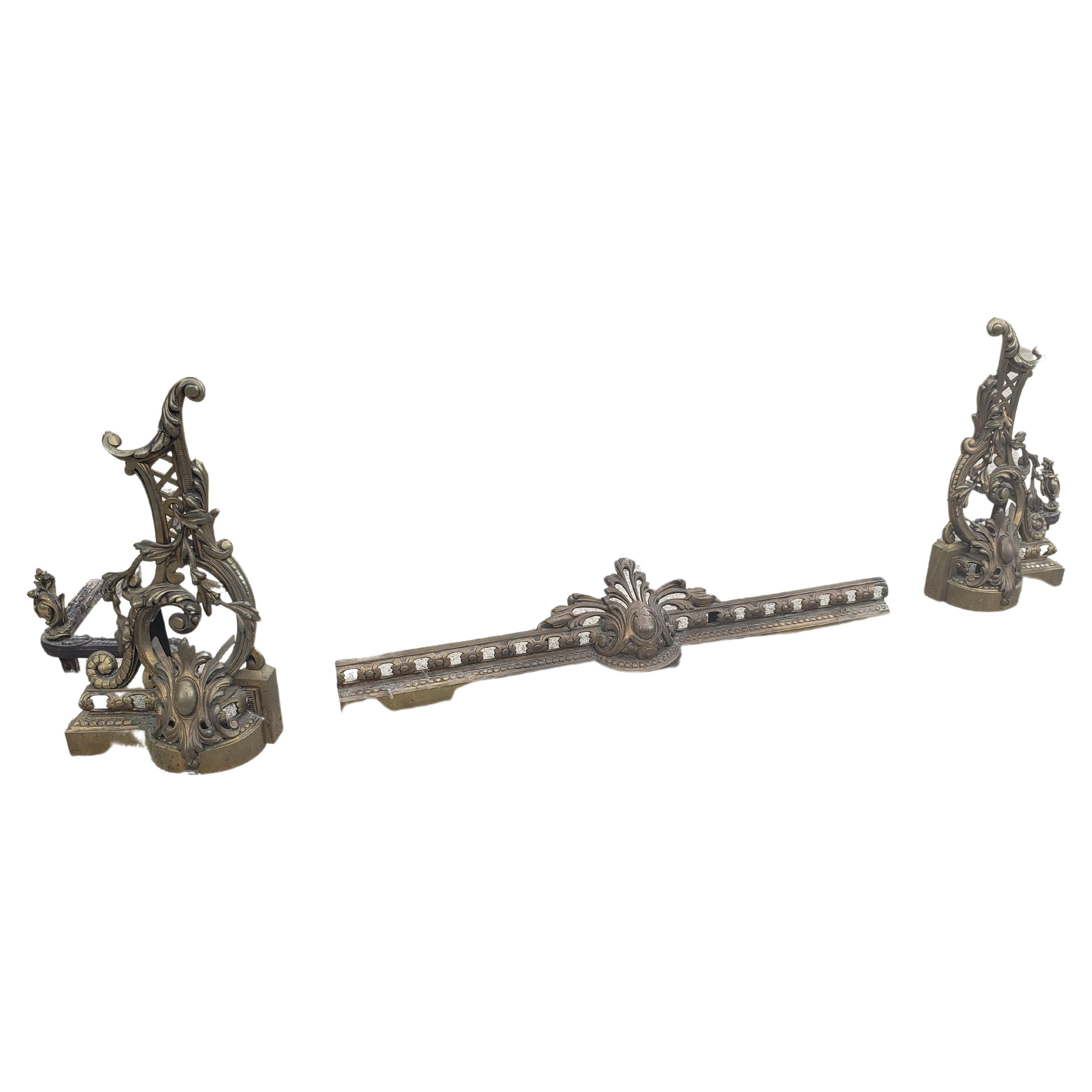Pair of 19th C. Baroque Style Gilt Bronze Chenets Andirons W. Matching Fender For Sale 1