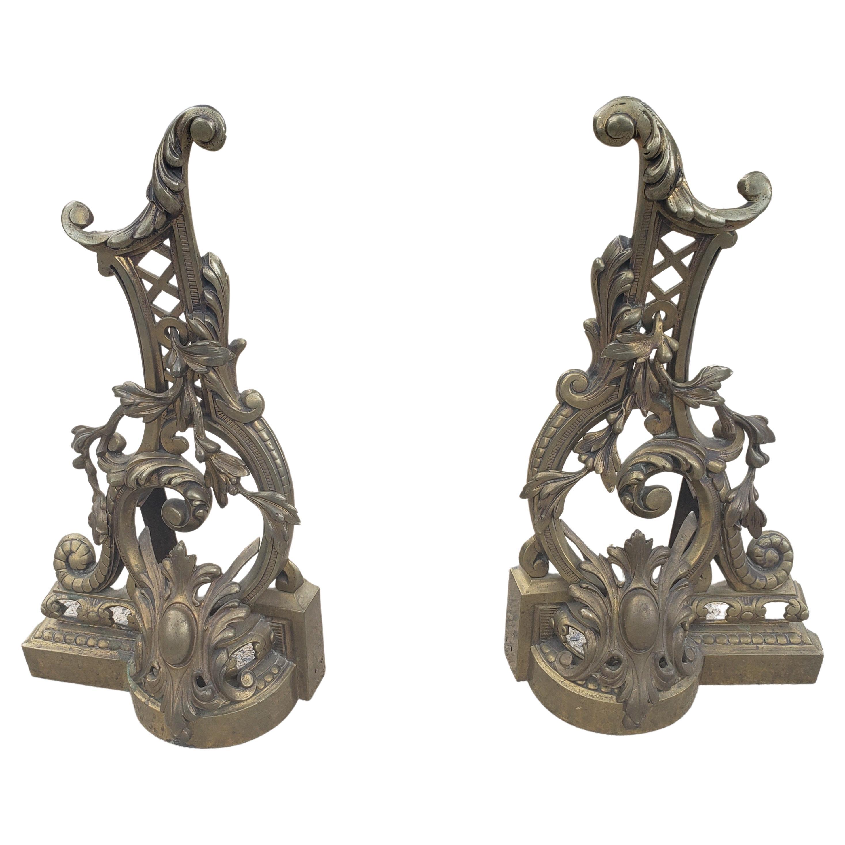 Pair of 19th C. Baroque Style Gilt Bronze Chenets Andirons W. Matching Fender For Sale 3