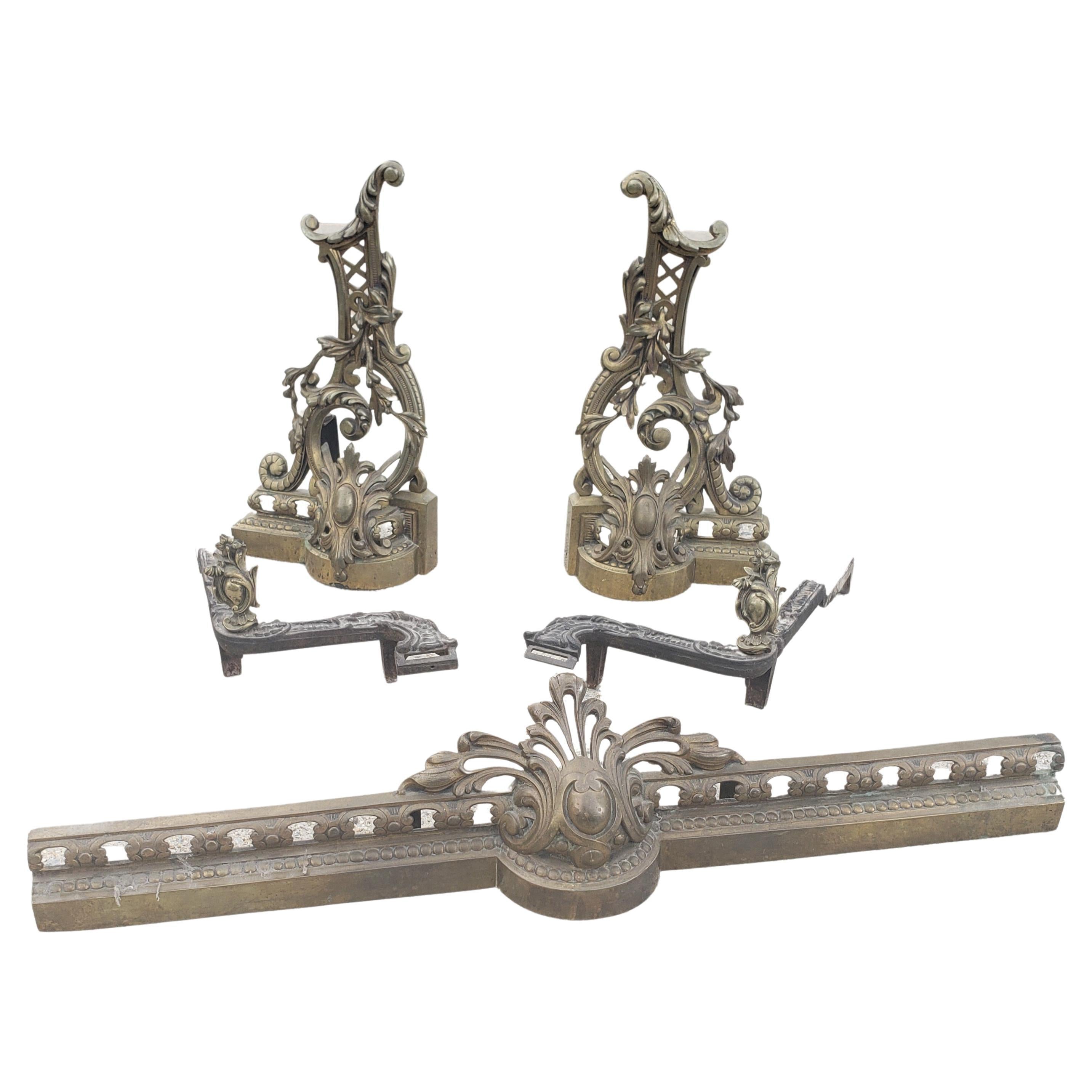 Pair of 19th C. Baroque Style Gilt Bronze Chenets Andirons W. Matching Fender For Sale