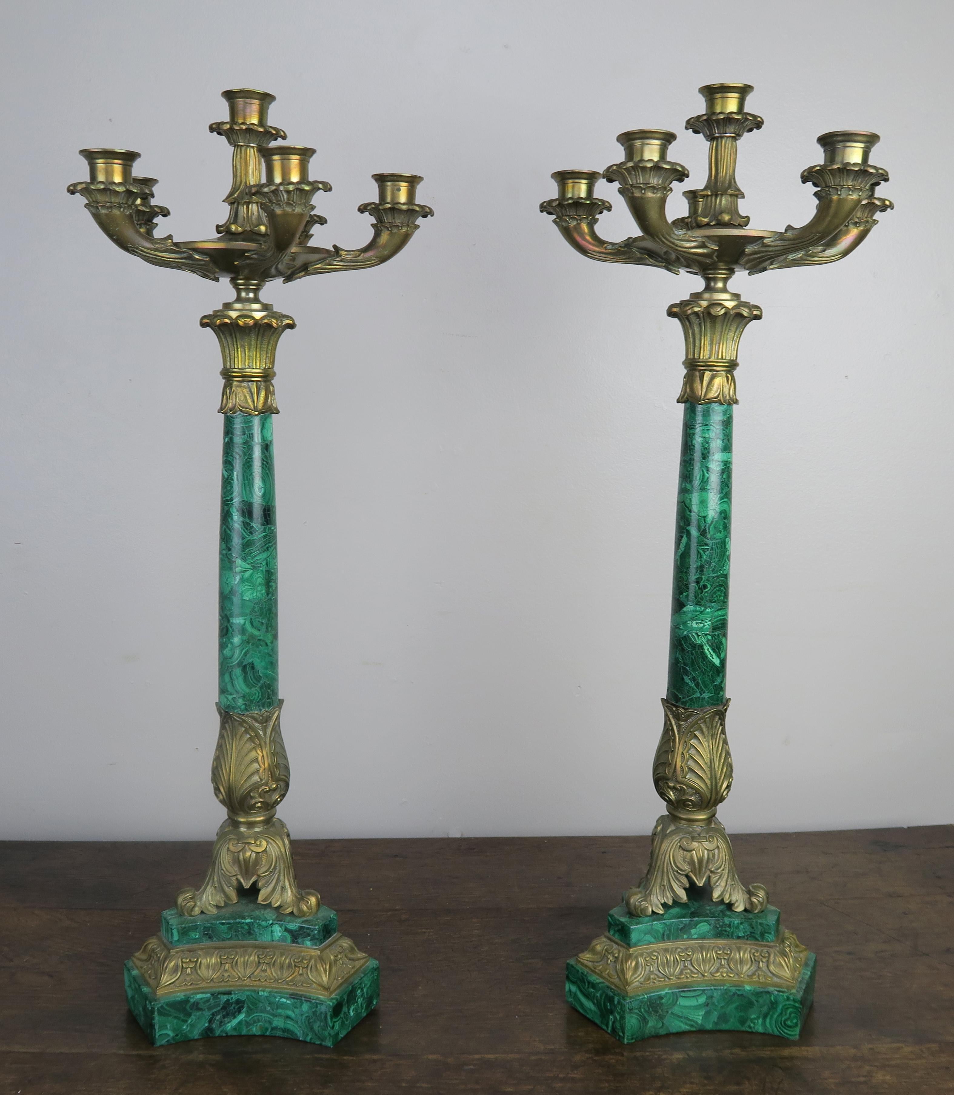 Pair of 19th Century Bronze and Malachite Candelabras 7