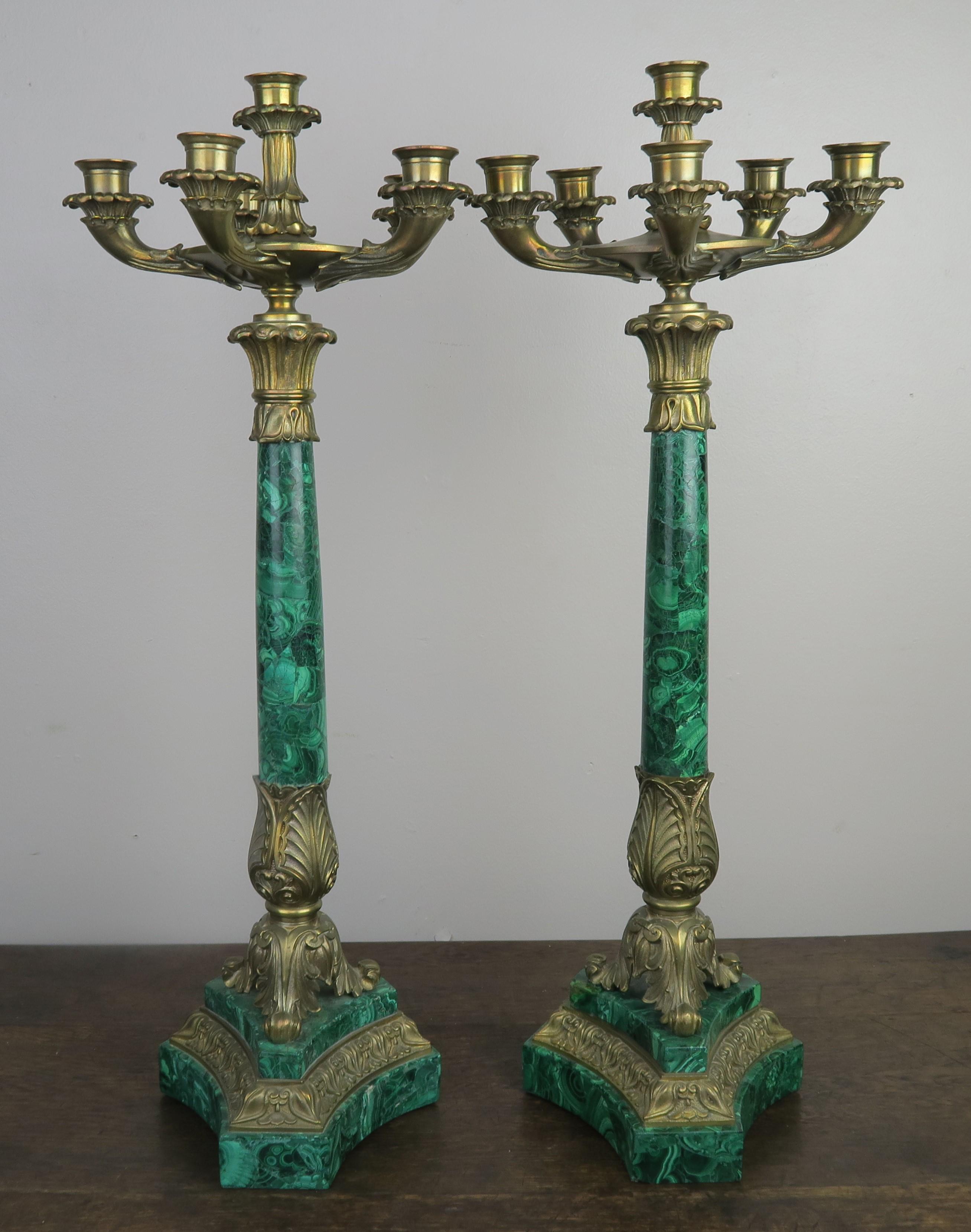 Pair of late 19th century most likely Russian bronze and Malachite 6-light candelabras.