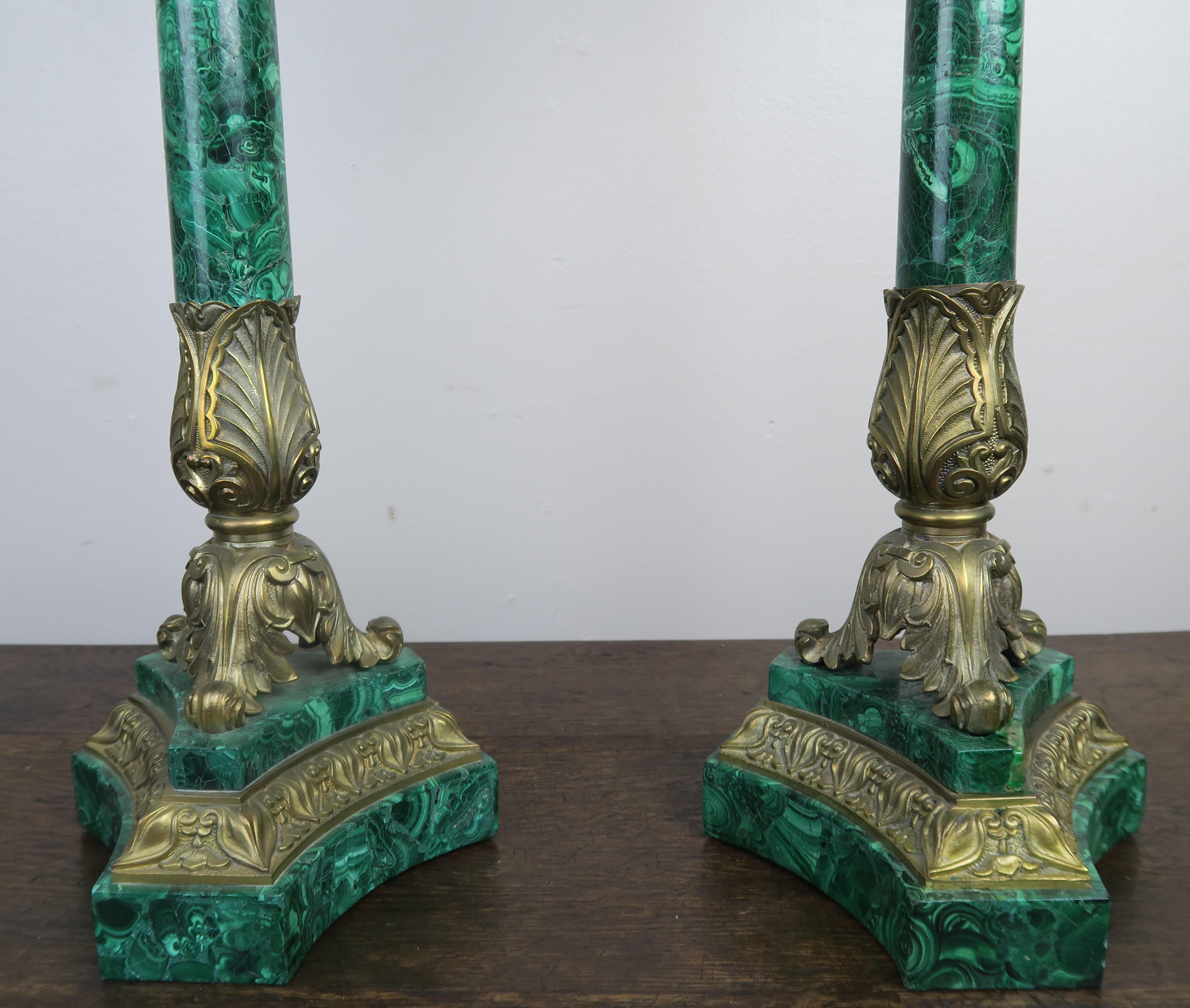 Cast Pair of 19th Century Bronze and Malachite Candelabras