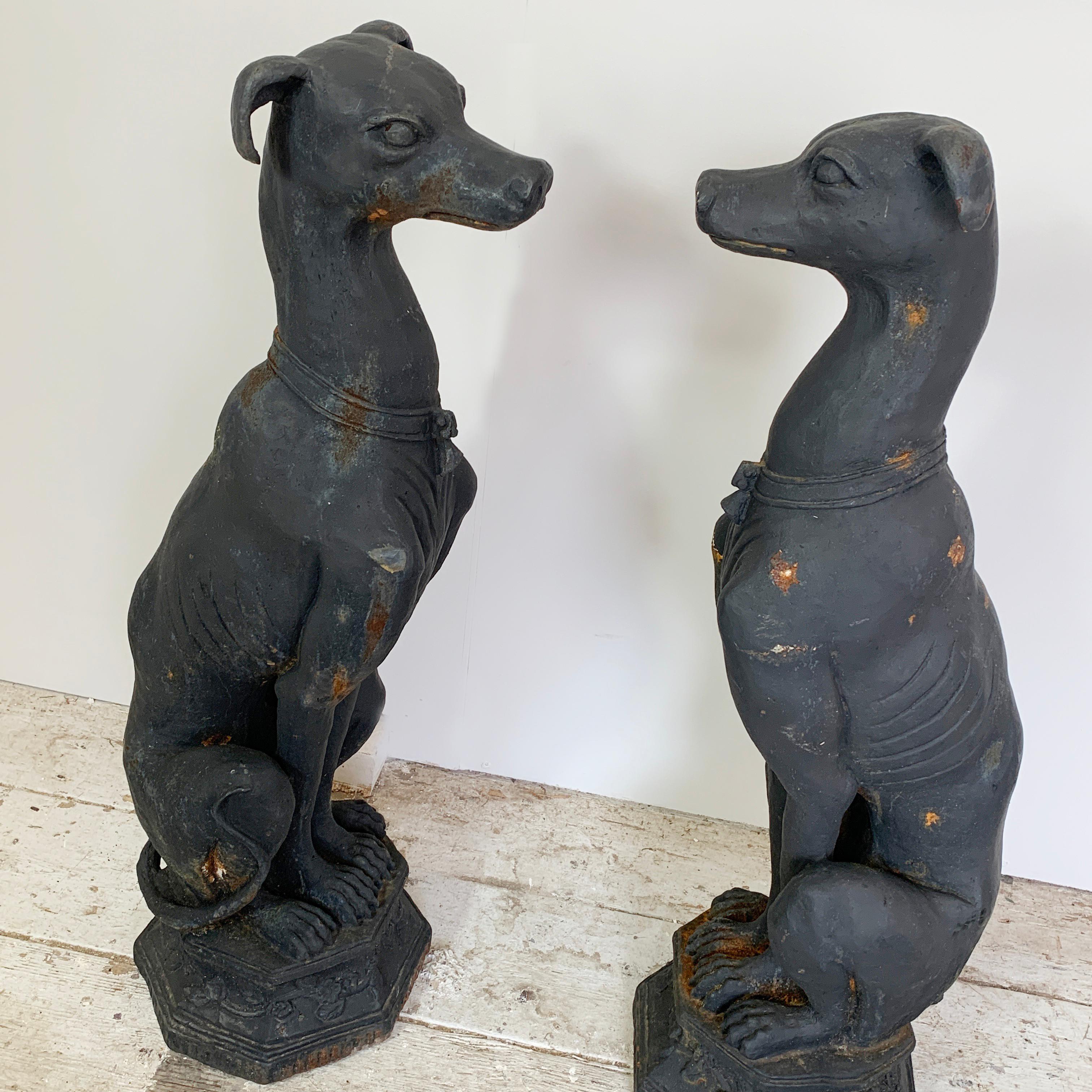 Pair of 19th century cast iron whippet statues
Impressive pair of garden whippet dogs, black colour with weathered finish
These dogs have been outside, probably on gateposts at an entrance
Measures: 80cm height, 25cm width, 25cm depth
These are