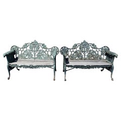 Pair of 19th c Cast Iron & Wood Benches with Oak Leaf Motif & Dog Head Handles
