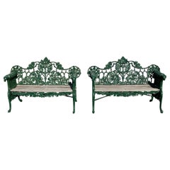 Pair of 19th c Cast Iron & Wood Benches with Oak Leaf Motif & Dog Head Handles