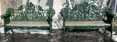 Pair of 19th c Cast Iron 
Wood Benches with Oak Leaf Motif 
Dog Head Handles