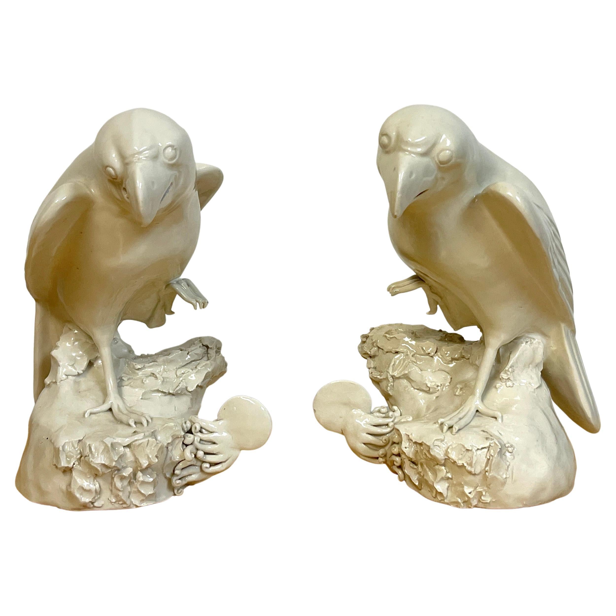 Pair of 19th C Chinese Blanc de Chine Figures of Parrots
