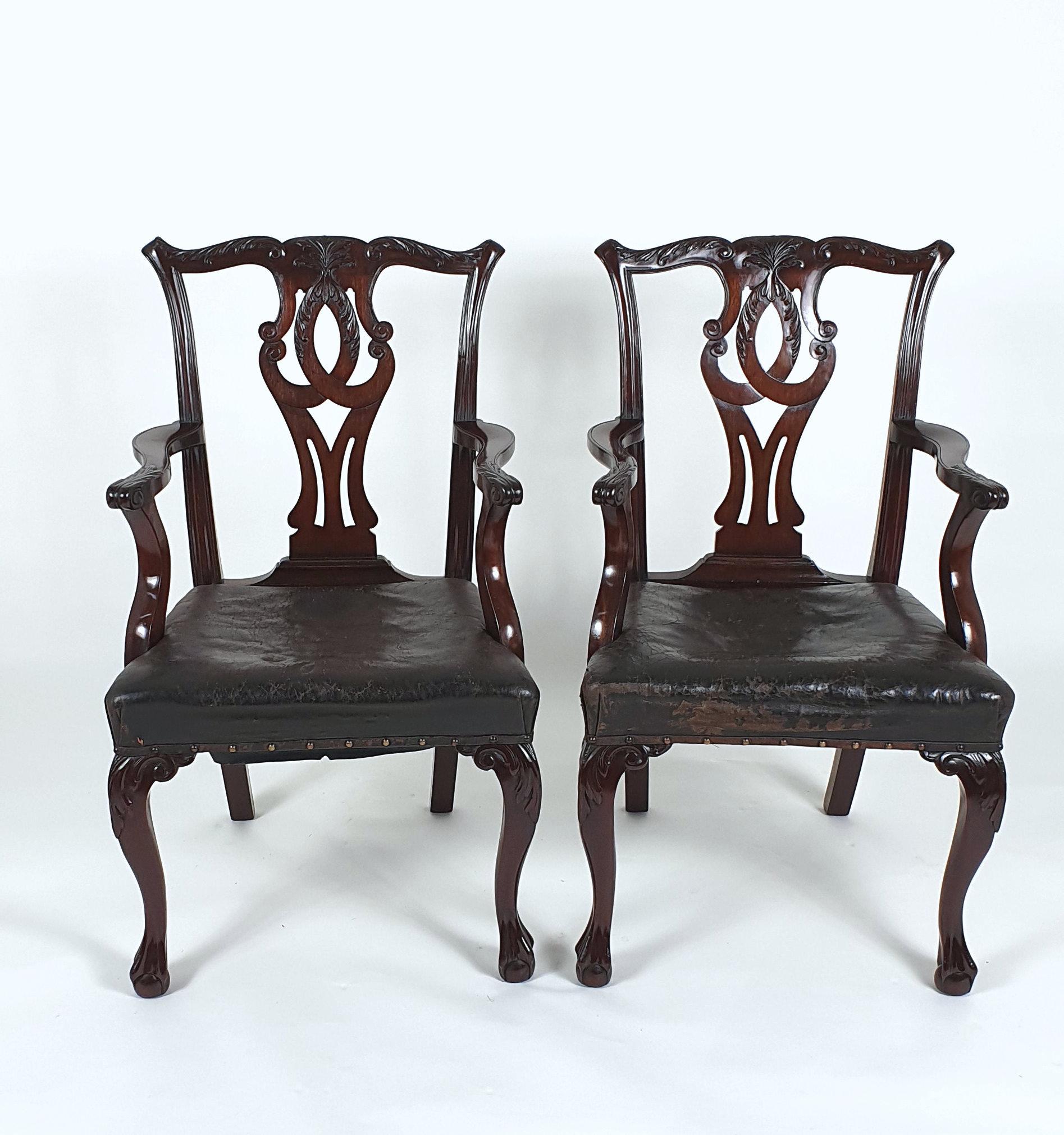 Pair of 19th Century Chippendale Design Carved Mahogany Elbow Chairs For Sale 12