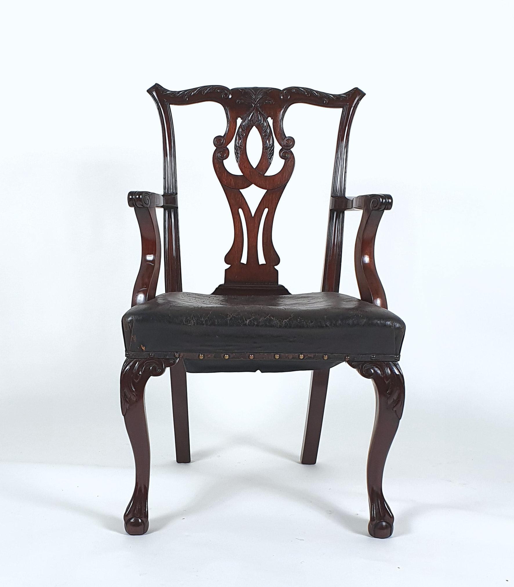 British Pair of 19th Century Chippendale Design Carved Mahogany Elbow Chairs For Sale