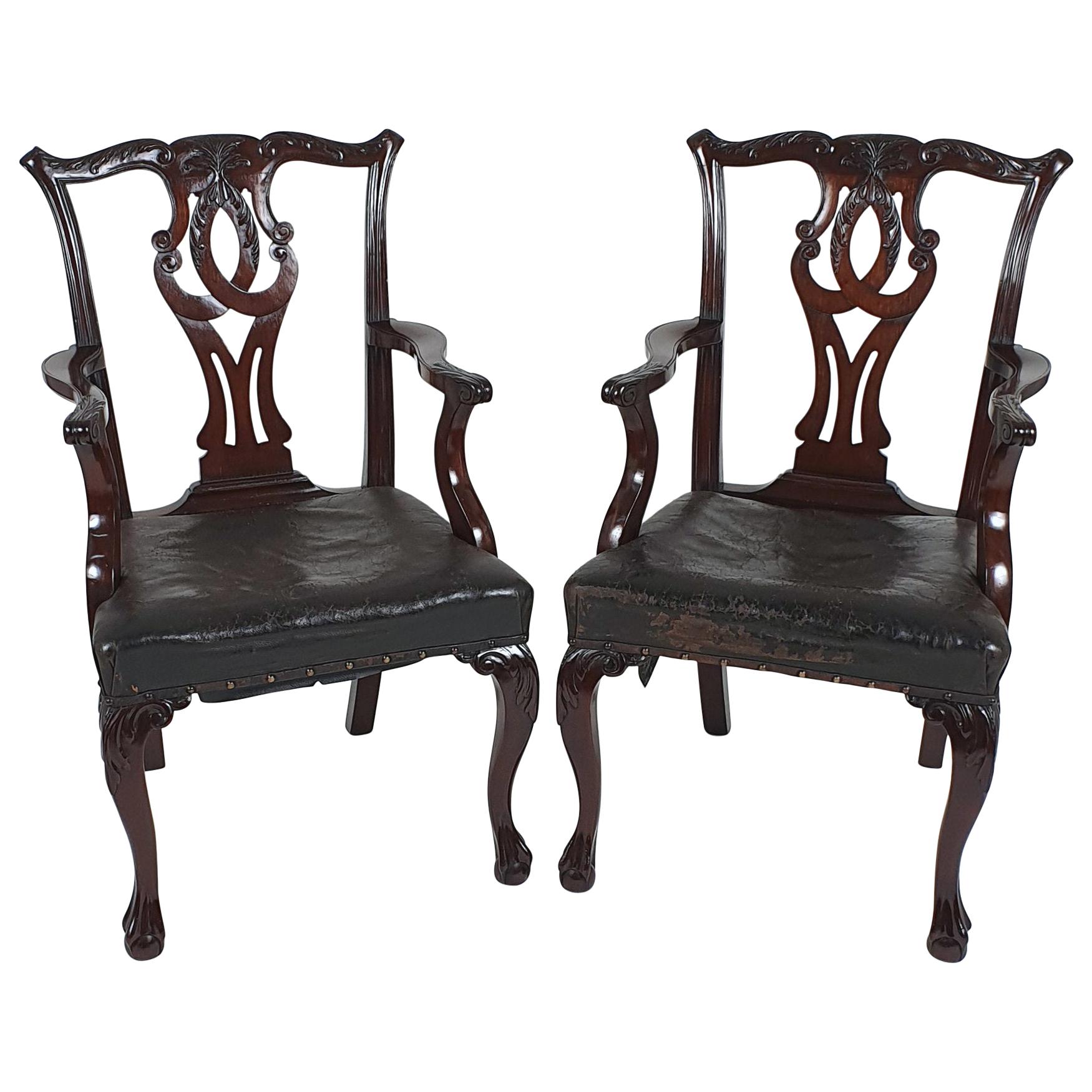 Pair of 19th Century Chippendale Design Carved Mahogany Elbow Chairs For Sale