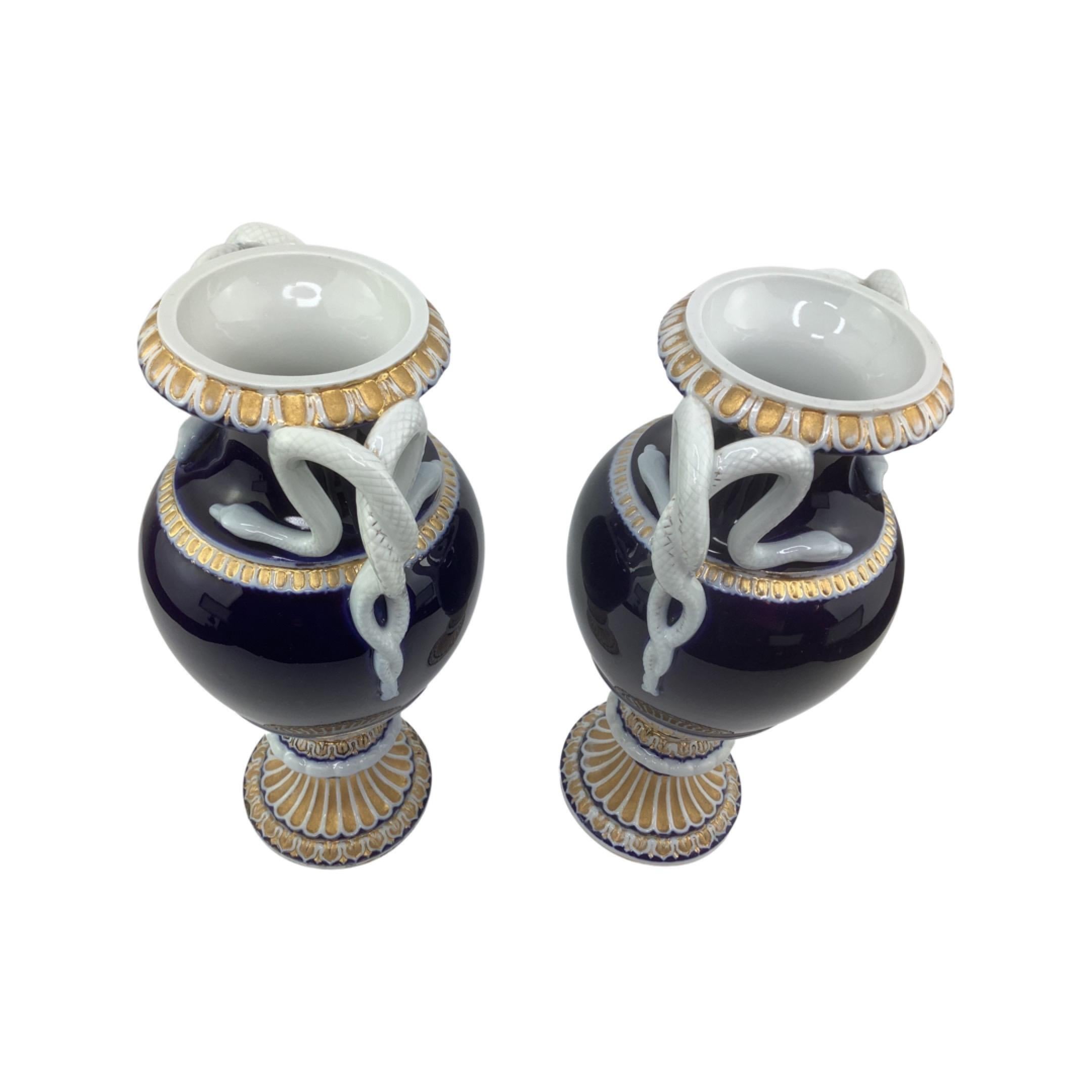 19th Century Pair of 19th C Cobalt Blue Meissen Serpent Porcelain Vases For Sale