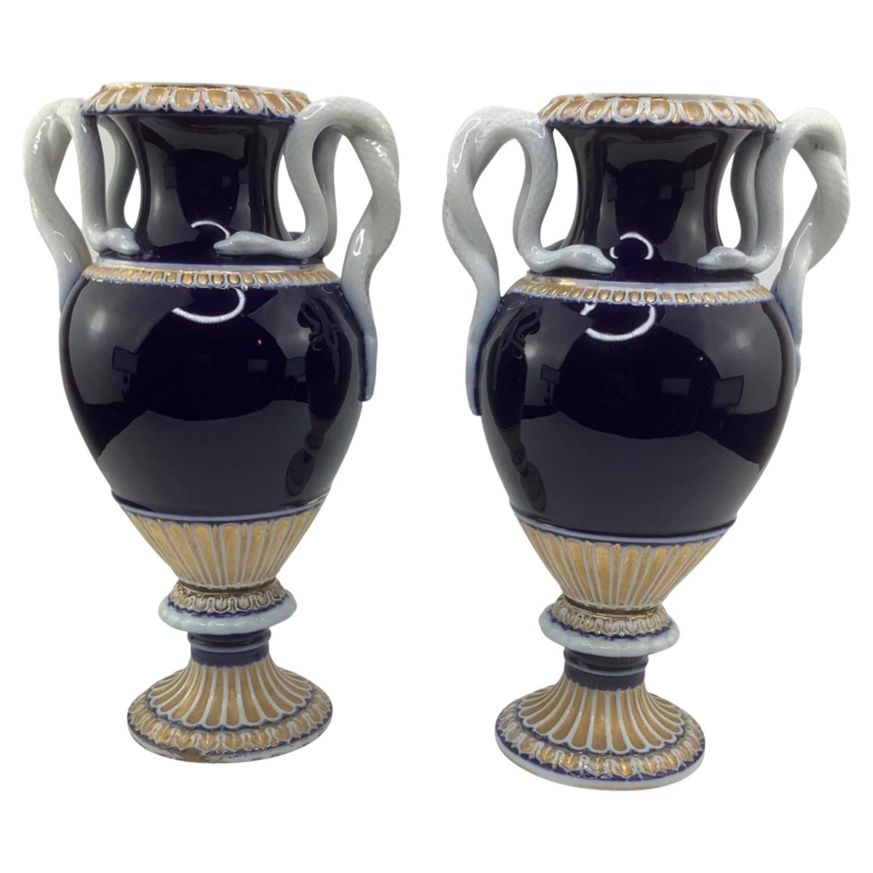 Pair of 19th C Cobalt Blue Meissen Serpent Porcelain Vases For Sale