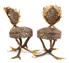 Pair of Rustic Continental Horn and Oak Leopard Side Chairs