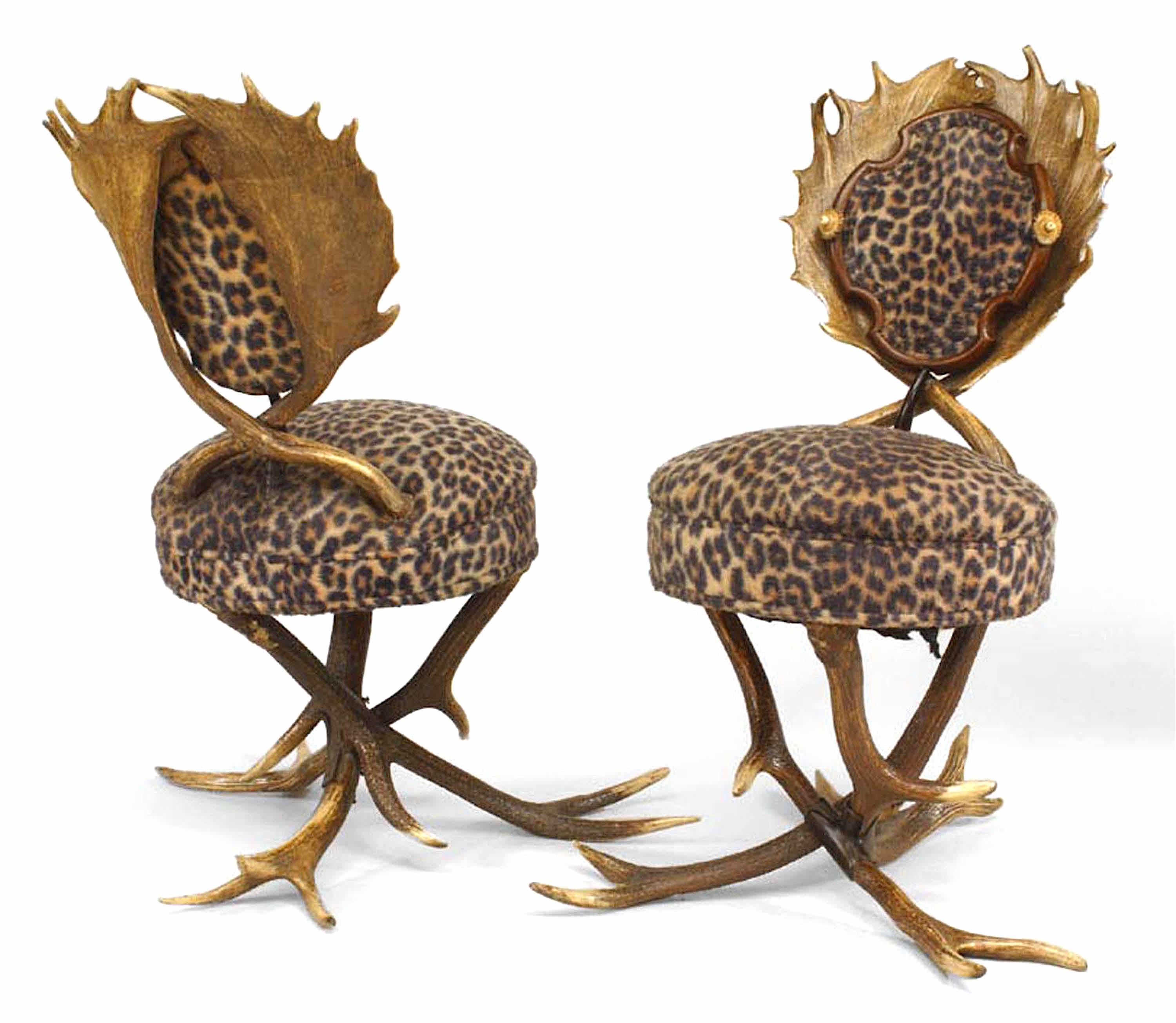 German Pair of Rustic Continental Horn and Oak Leopard Side Chairs For Sale