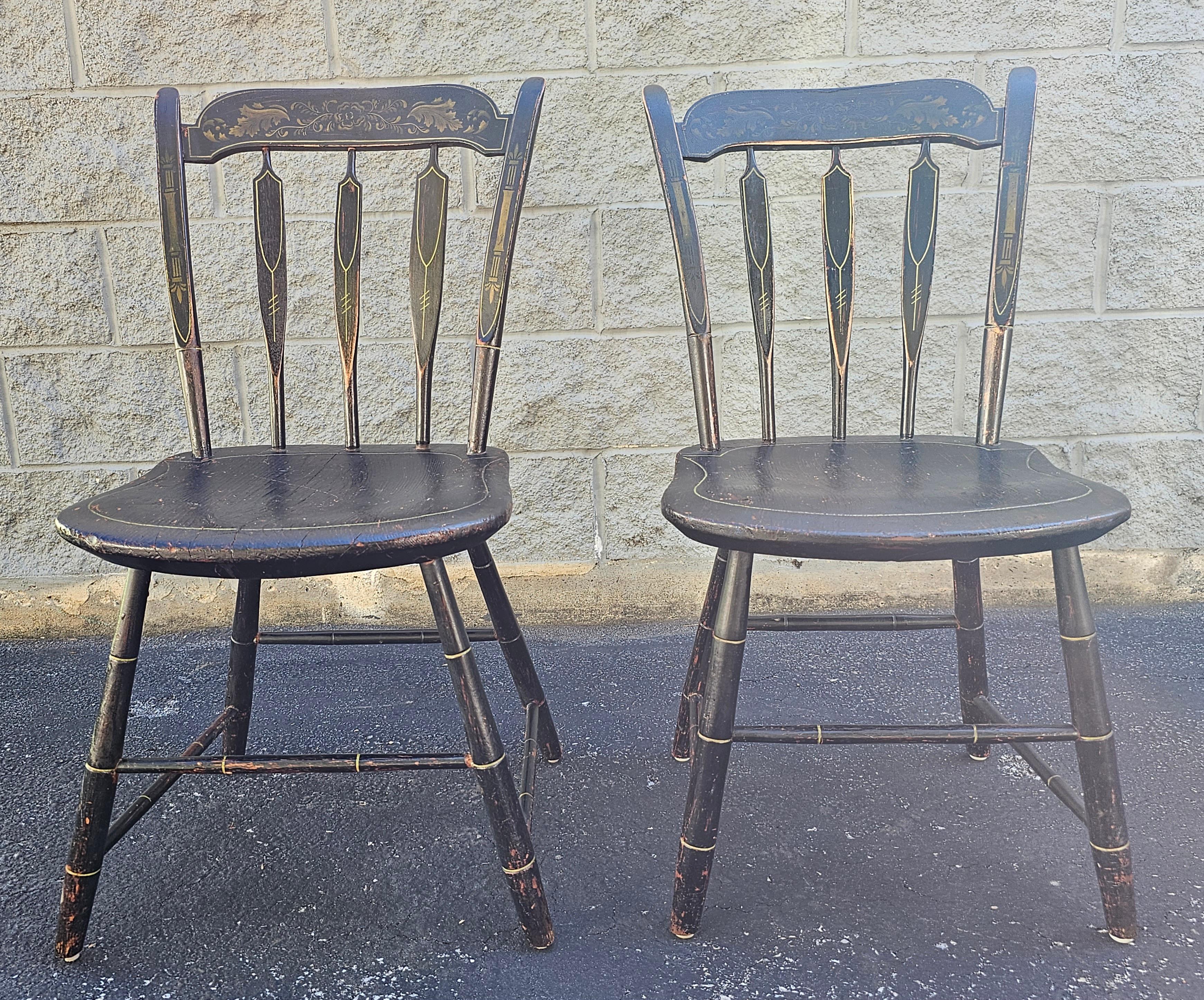 American Colonial Pair of 19th C. Early American Ebonized and Decorated Side Chairs For Sale