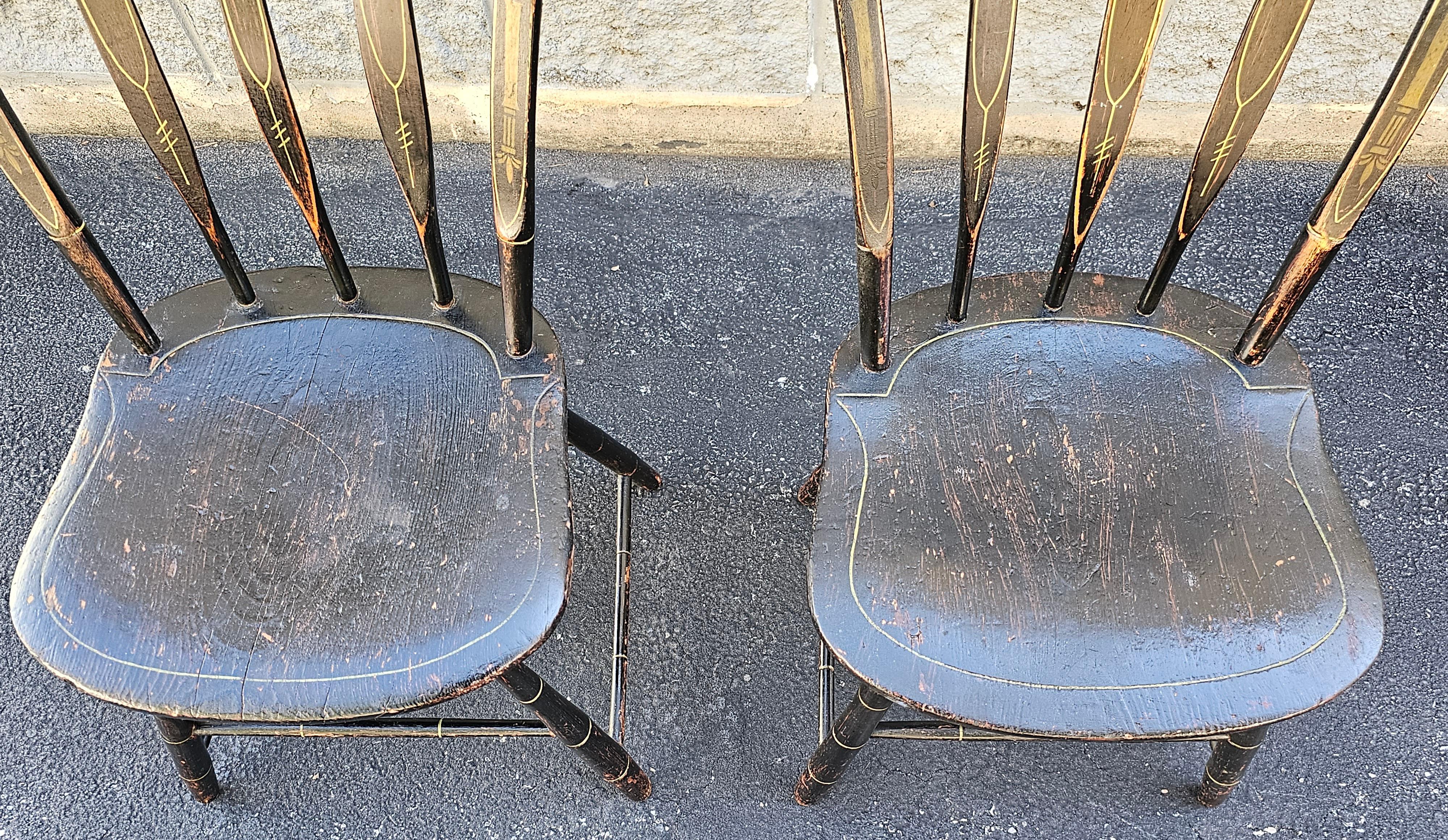 Painted Pair of 19th C. Early American Ebonized and Decorated Side Chairs For Sale
