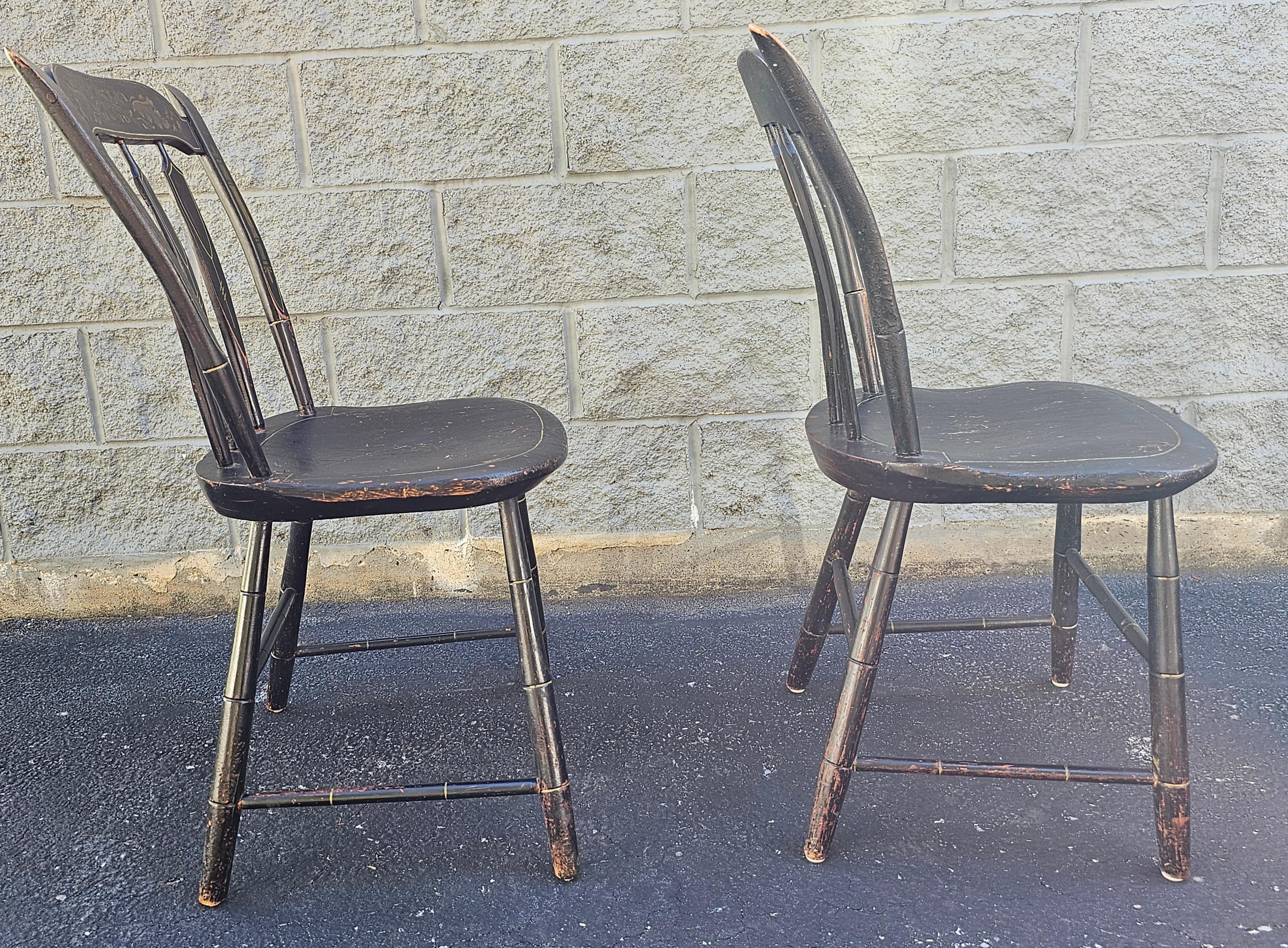 Pair of 19th C. Early American Ebonized and Decorated Side Chairs For Sale 1