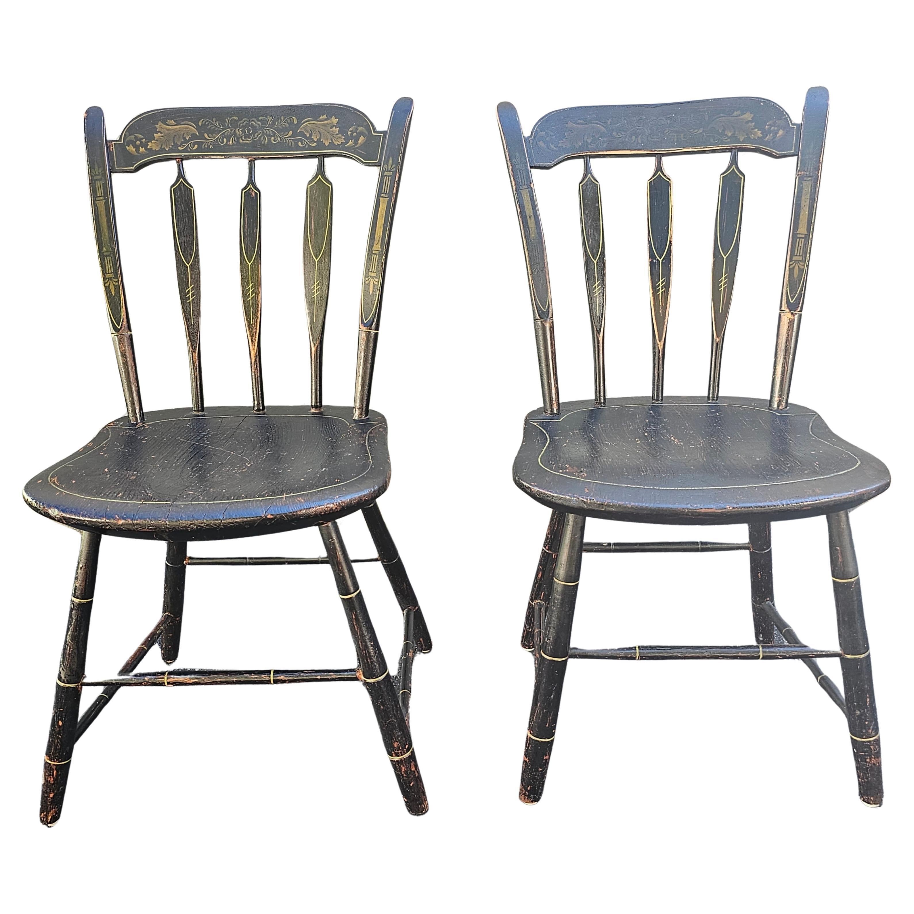 Pair of 19th C. Early American Ebonized and Decorated Side Chairs For Sale