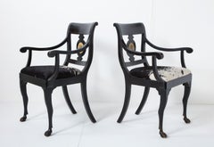 Pair of Ebonized English Regency Armchairs with Pony Seats and Monogram