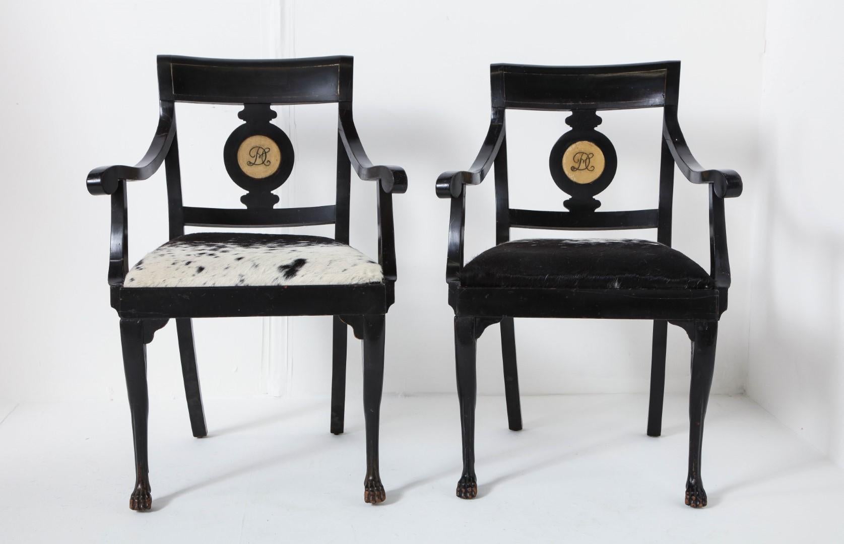 Pair of Ebonized English Regency Armchairs with Pony Seats and Monogram In Good Condition For Sale In Chicago, IL