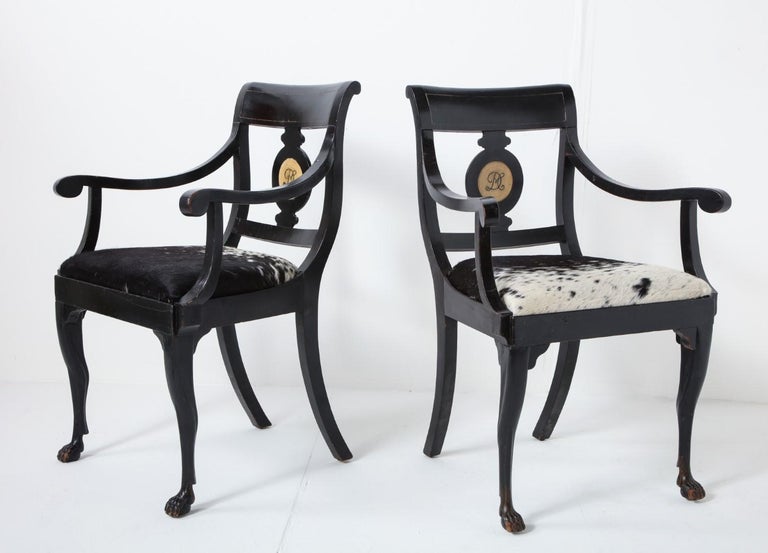 Pair of Ebonized English Regency Armchairs with Pony Seats and Monogram For Sale 1