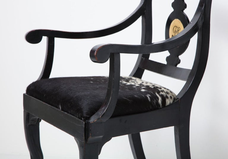 Pair of Ebonized English Regency Armchairs with Pony Seats and Monogram For Sale 2