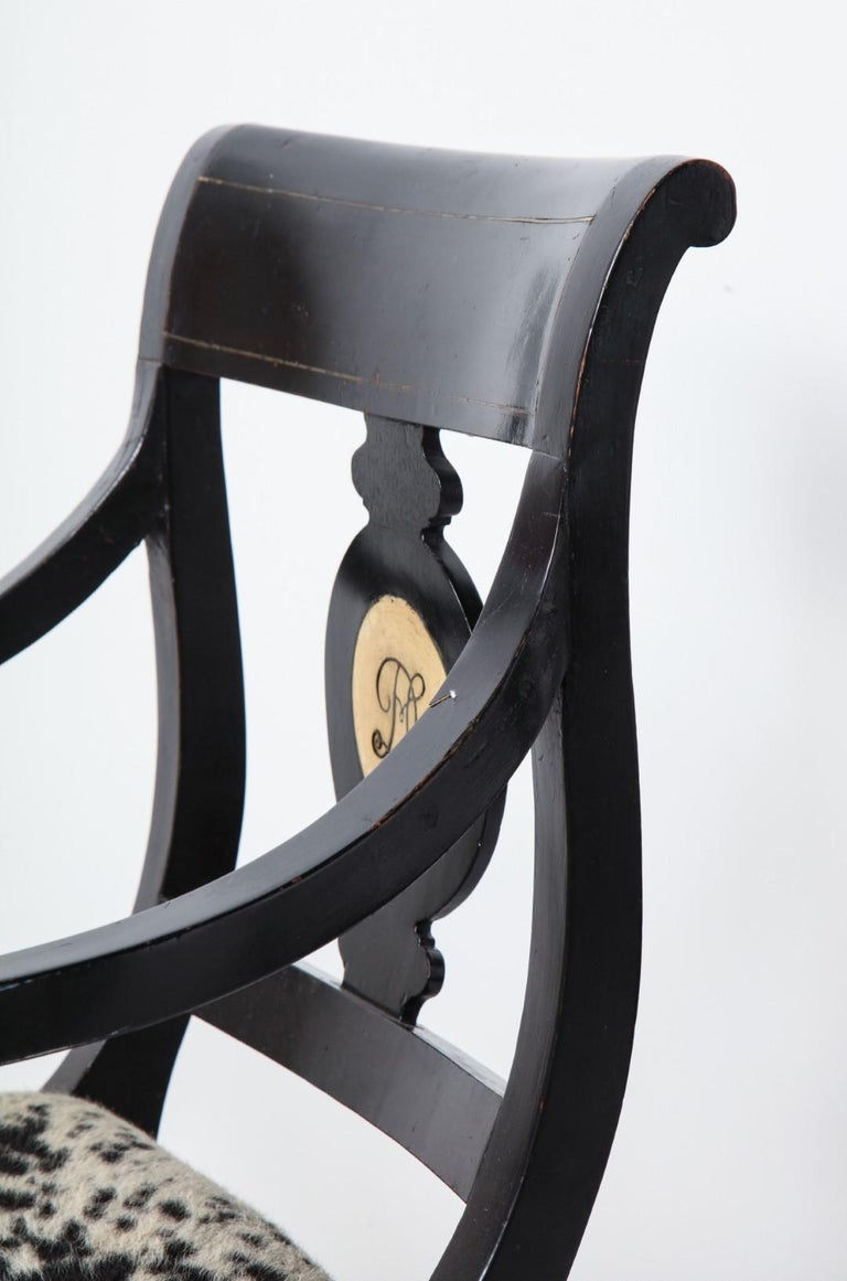 Pair of Ebonized English Regency Armchairs with Pony Seats and Monogram For Sale 3